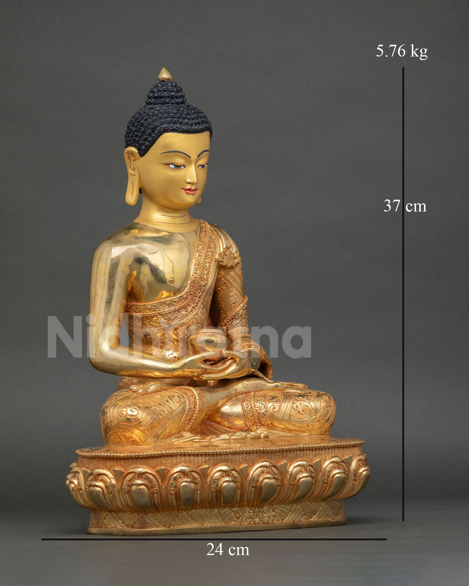 Side view of Amitabha Buddha statue seated in Dhyana Mudra, holding an alms bowl on a lotus throne
