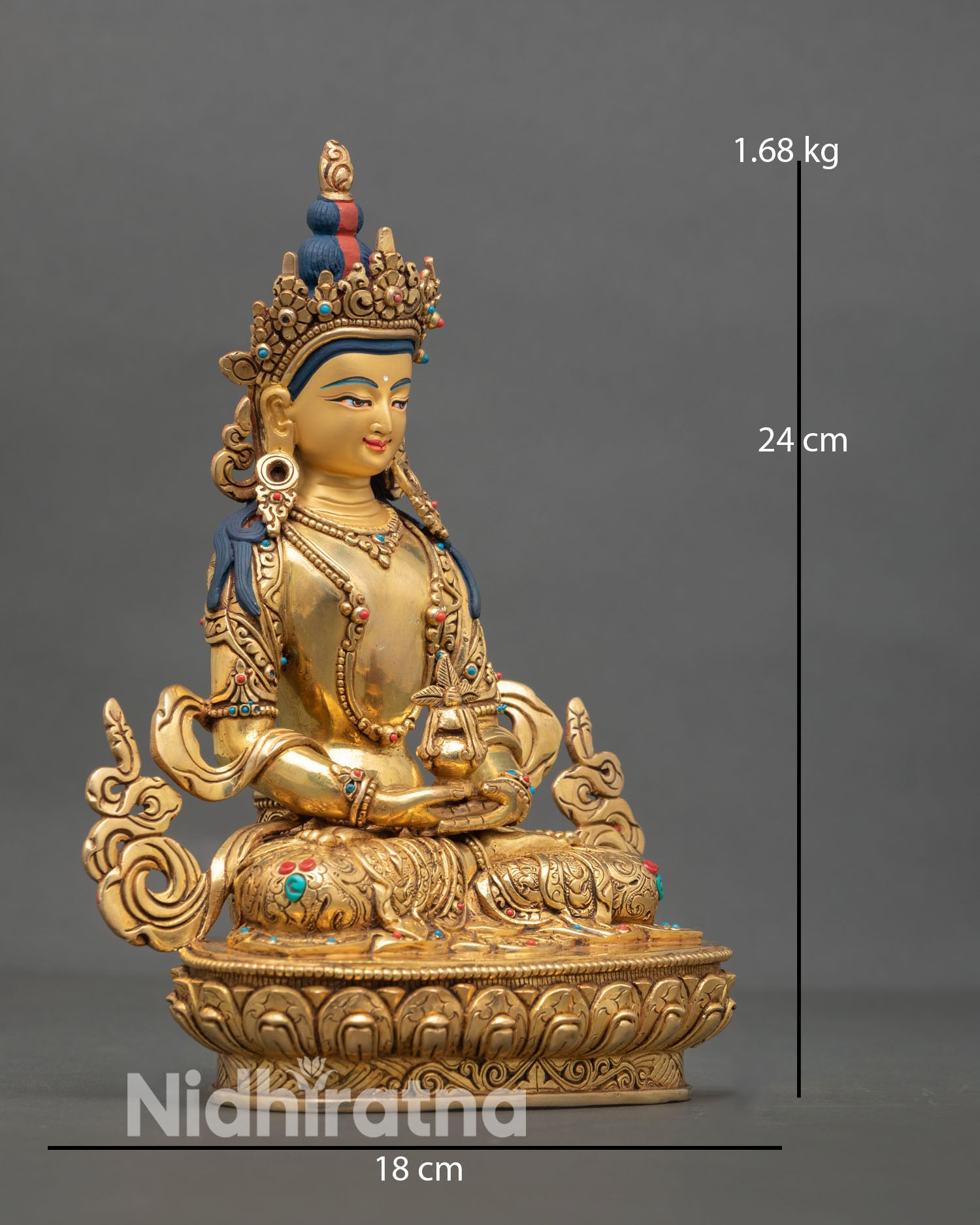 Side view of Amitayus statue holding longevity vase in vajra posture symbolizing long life, vitality, and spiritual abundance in Buddhist art