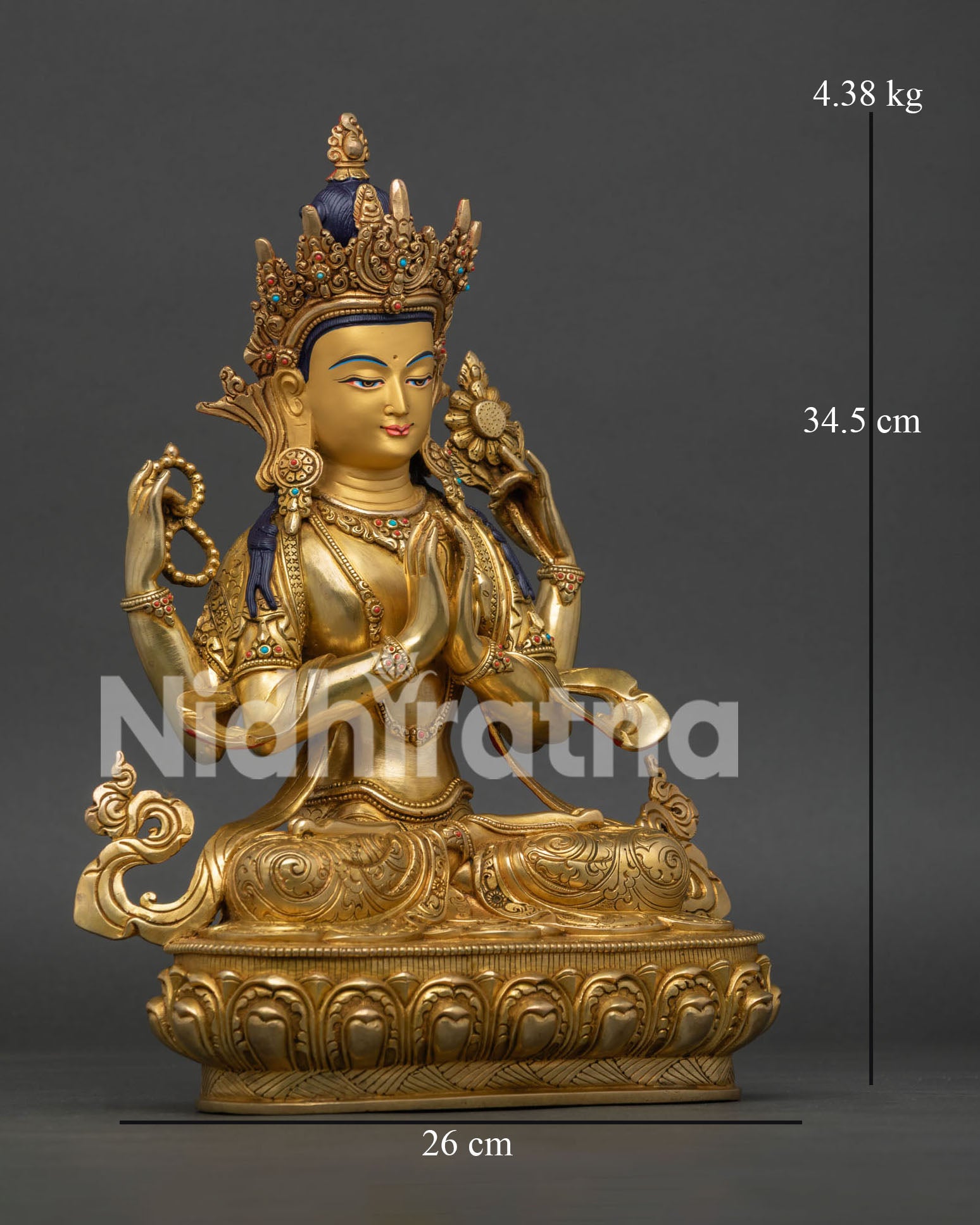 Side View of Copper Chenrezig Buddhist Statue on Lotus Pedestal with Intricate Newari Craftsmanship