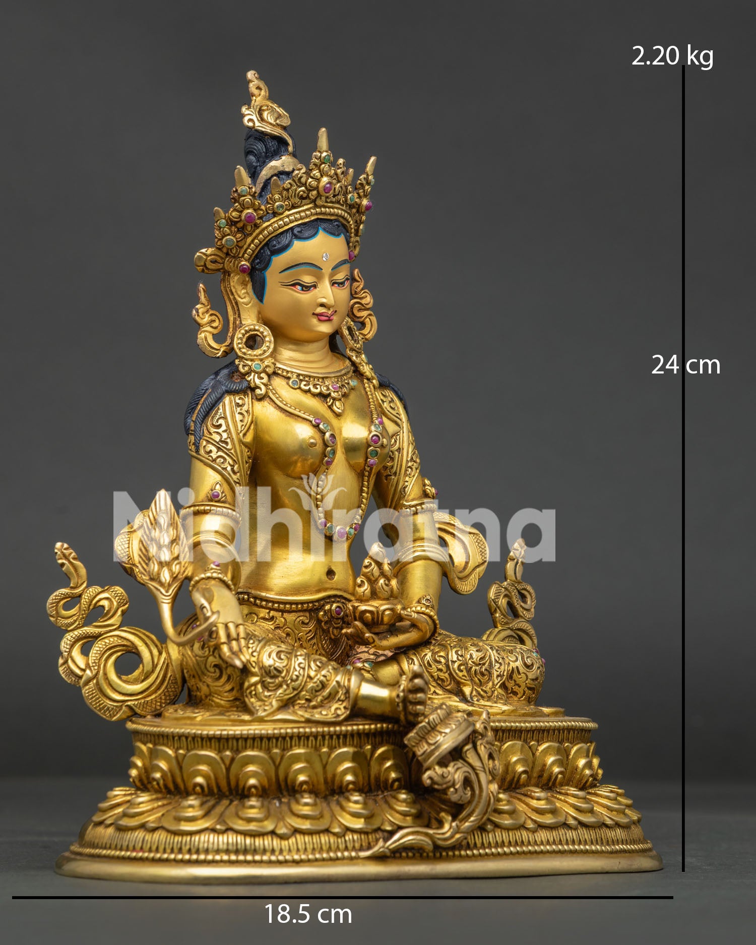 Side view of copper Kshitigarbha statue holding the wish fulfilling jewel with Himalayan craftsmanship