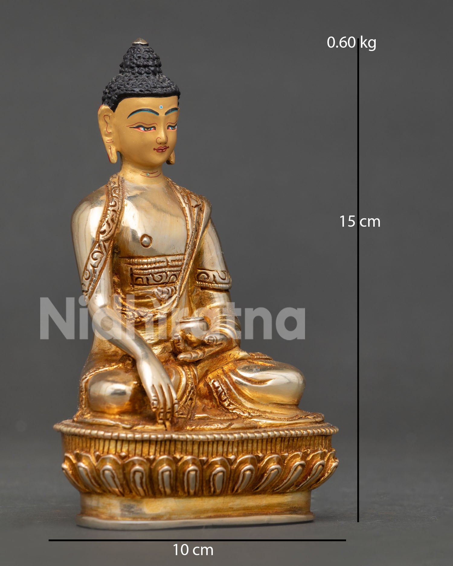 Side view of Copper Shakyamuni Buddha Sculpture with gold-painted face by Newari artisans