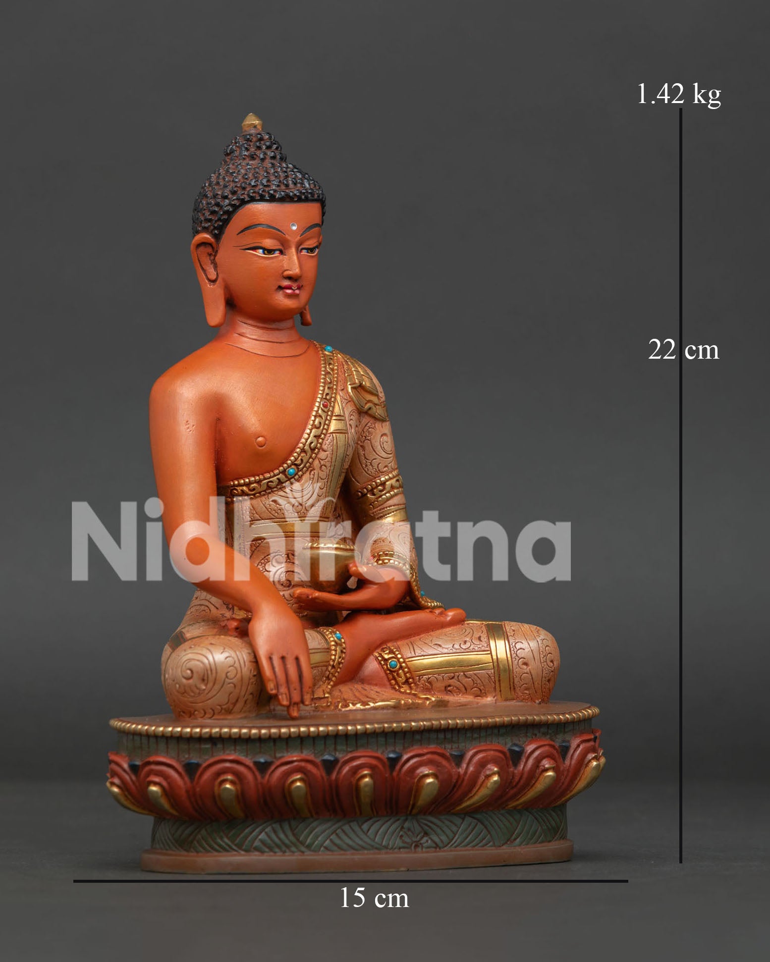 Side View of Copper Shakyamuni Buddha Statue in Bhumisparsha Mudra with Begging Bowl