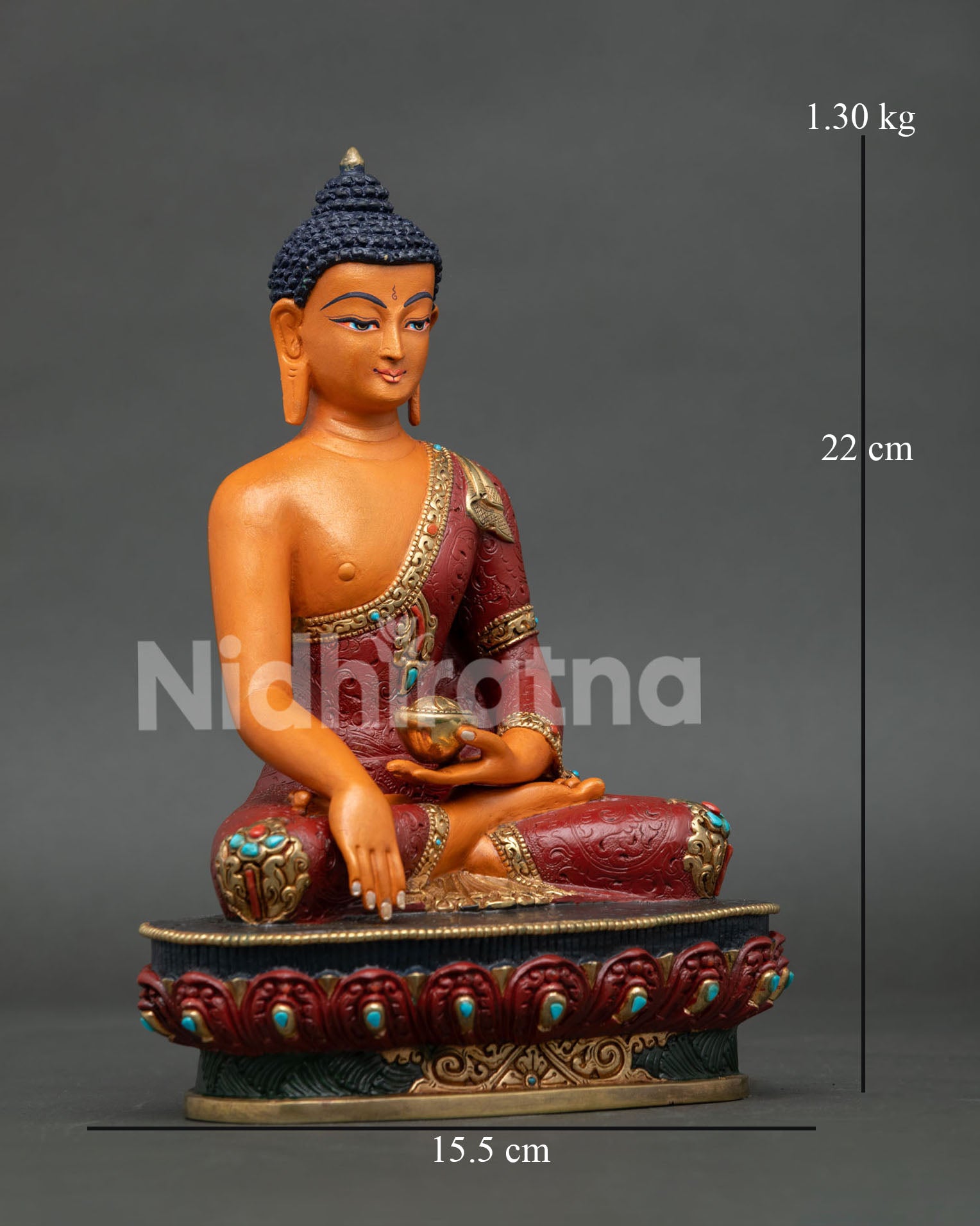 Side view of copper Shakyamuni Buddha statue with traditional Nepalese artistry
