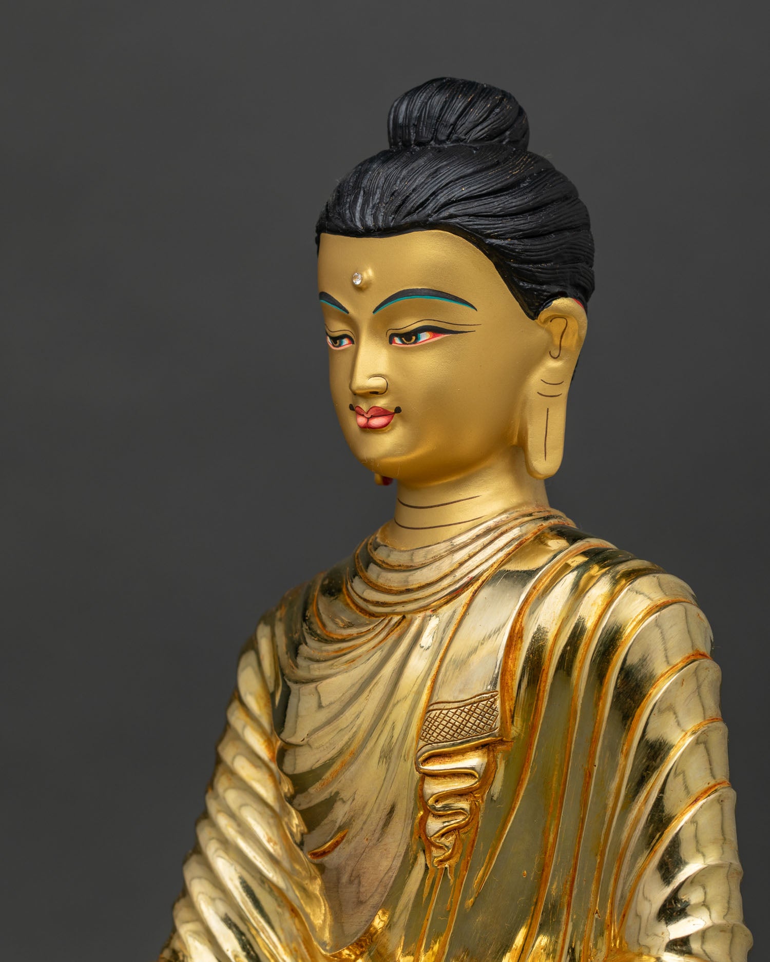 Side View of Gold Painted Shakyamuni Buddha Face with Jeweled Crowned Throne