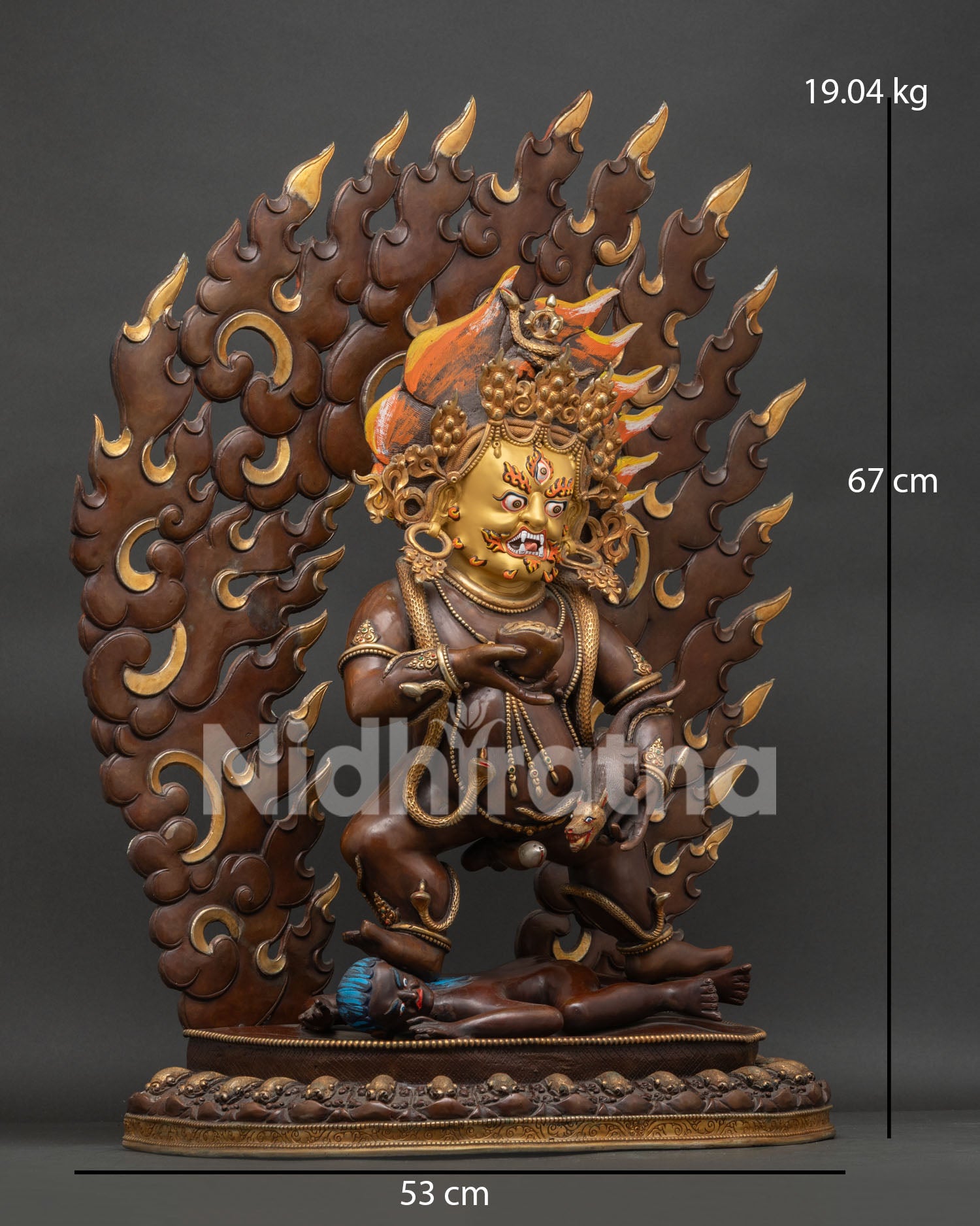 Side View of Himalayan Black Dzambhala Copper Statue with Blazing Halo Details