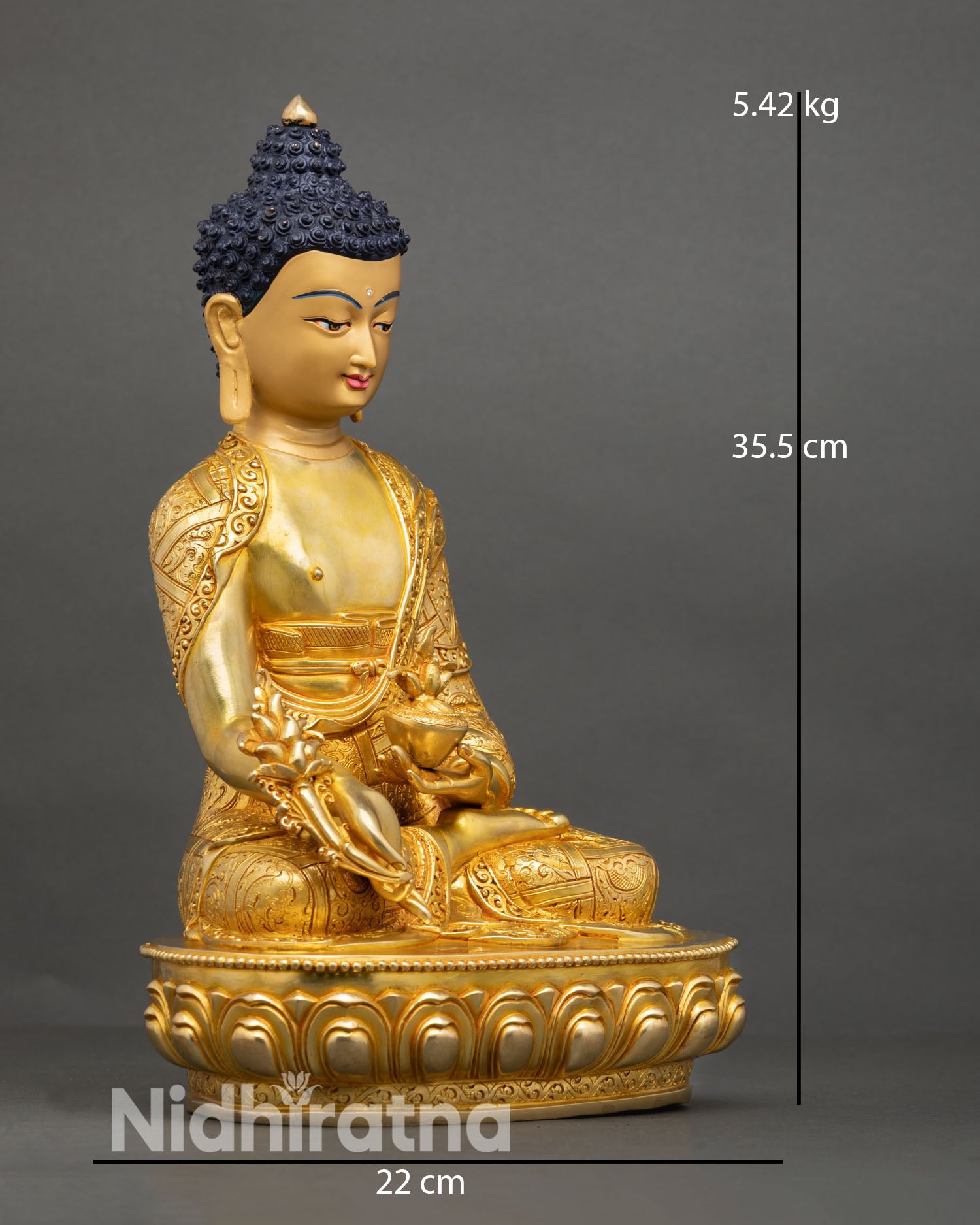 Side view of Himalayan healing Buddha statue depicting serene seated posture with symbolic hand gestures and traditional lost wax craftsmanship