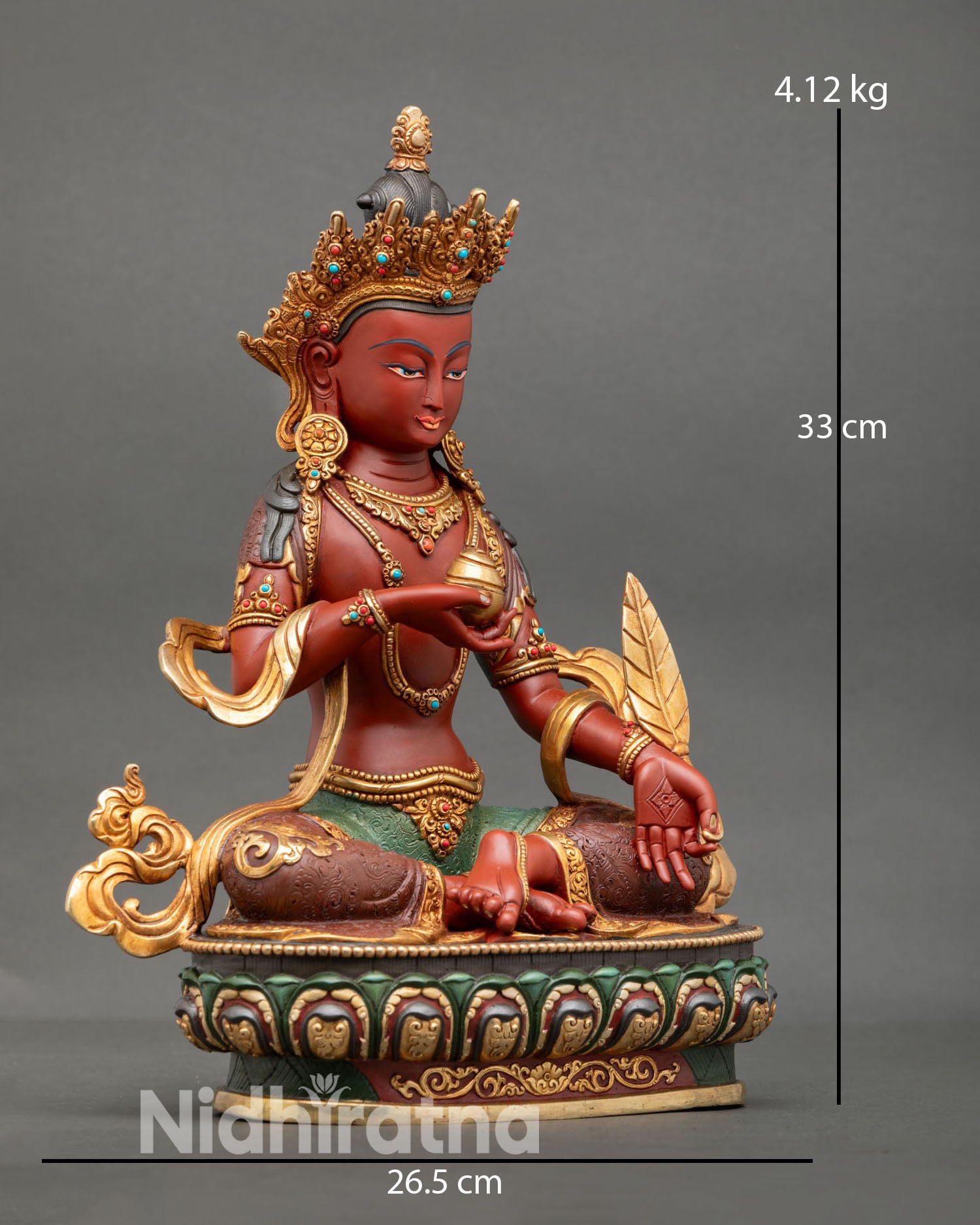 Side view of Ksitigarbha statue showing lotus throne detailing, copper sculpture with 24K gold gilded accents, hand painted acrylic colors