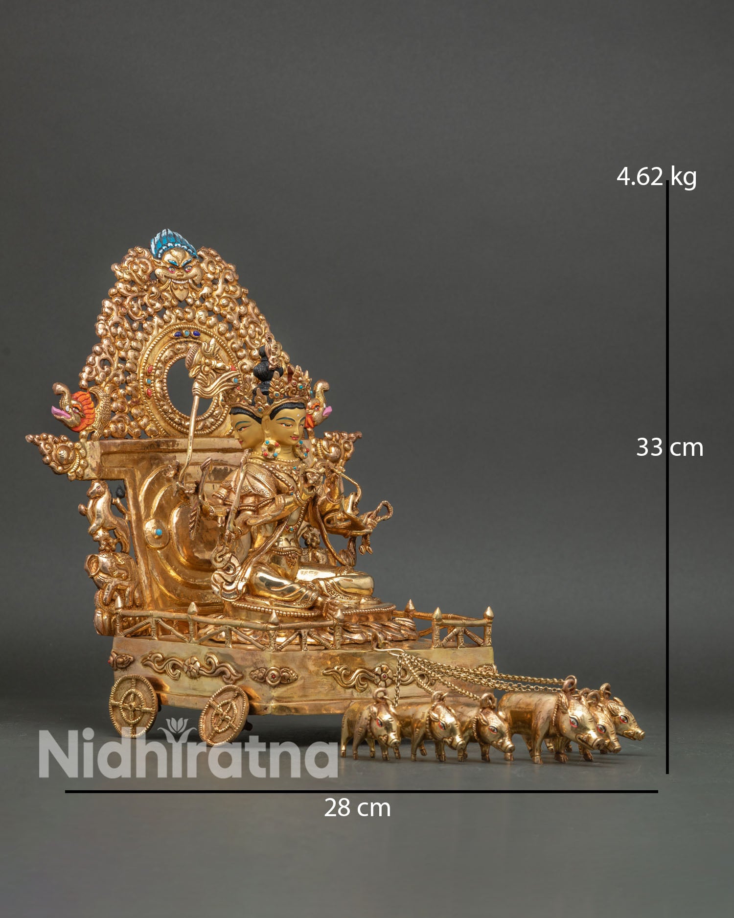 Side view of Marichi Buddhist goddess sculpture showing majestic throne and symbolic seven pigs representing dawn energy