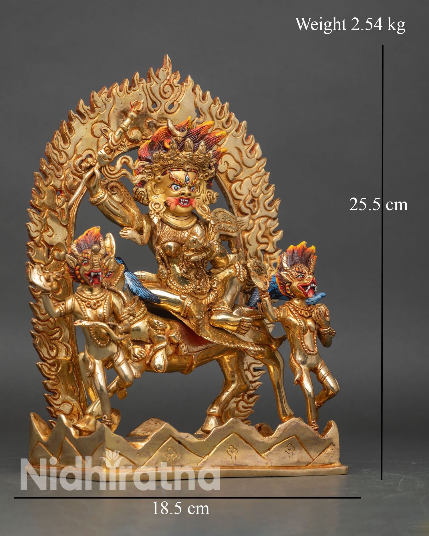 Side view of Palden Lhamo riding mule mystical all-seeing eye flanked by attendants kapala ritual knife Nepalese artisan