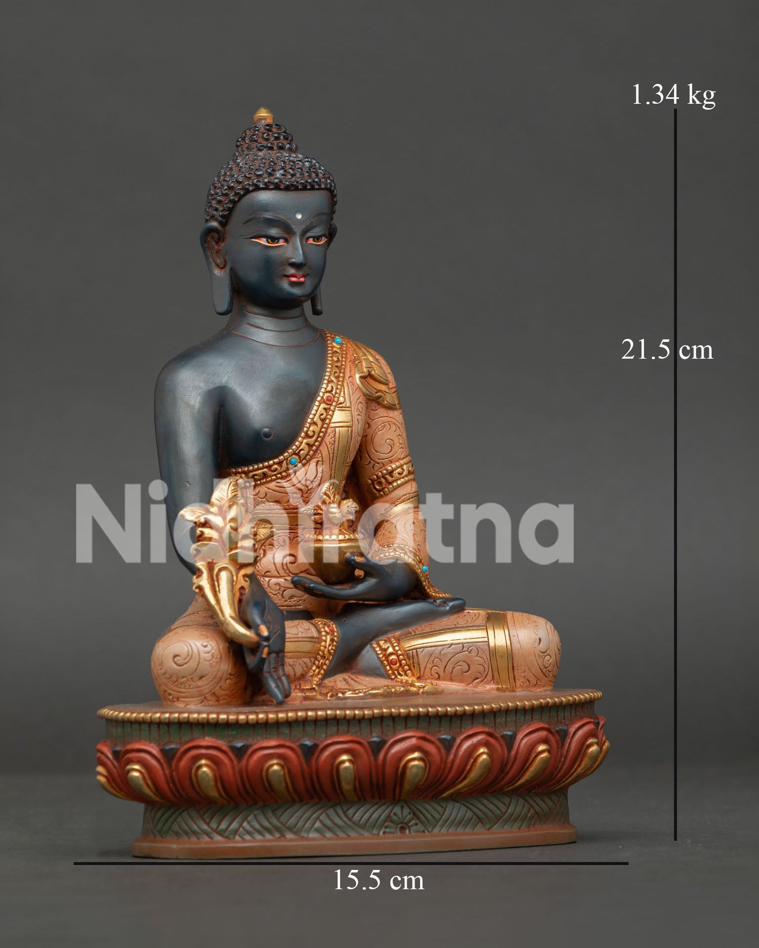 Side View of Sangye Menla Statue Holding Myrobalan Plant and Healing Bowl on Lotus Pedestal