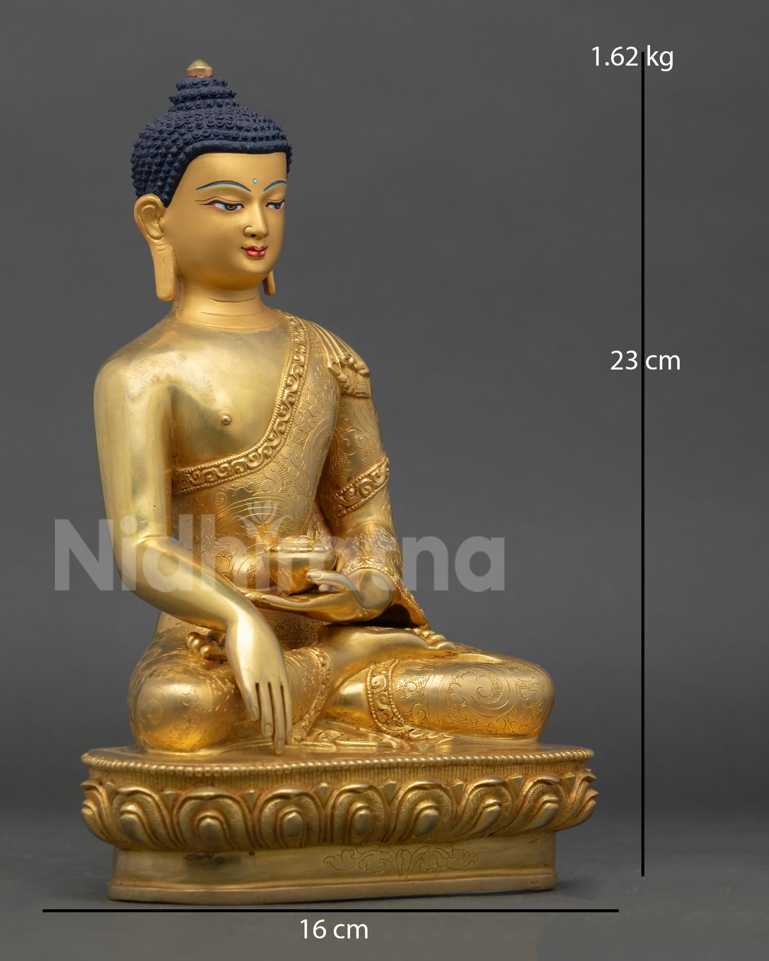 Side view of Shakyamuni Buddha statue displaying Earth Touching Mudra and detailed copper craftsmanship with gold fire gilding.