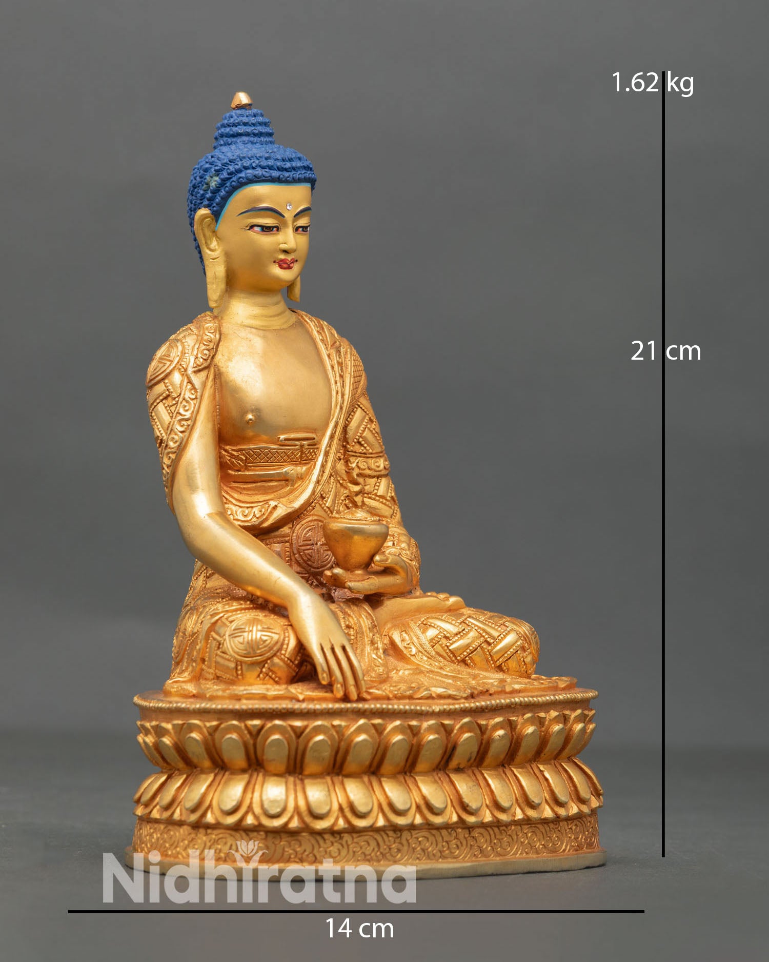 Side view of Shakyamuni Buddha statue meditation posture earth touching mudra holding begging bowl