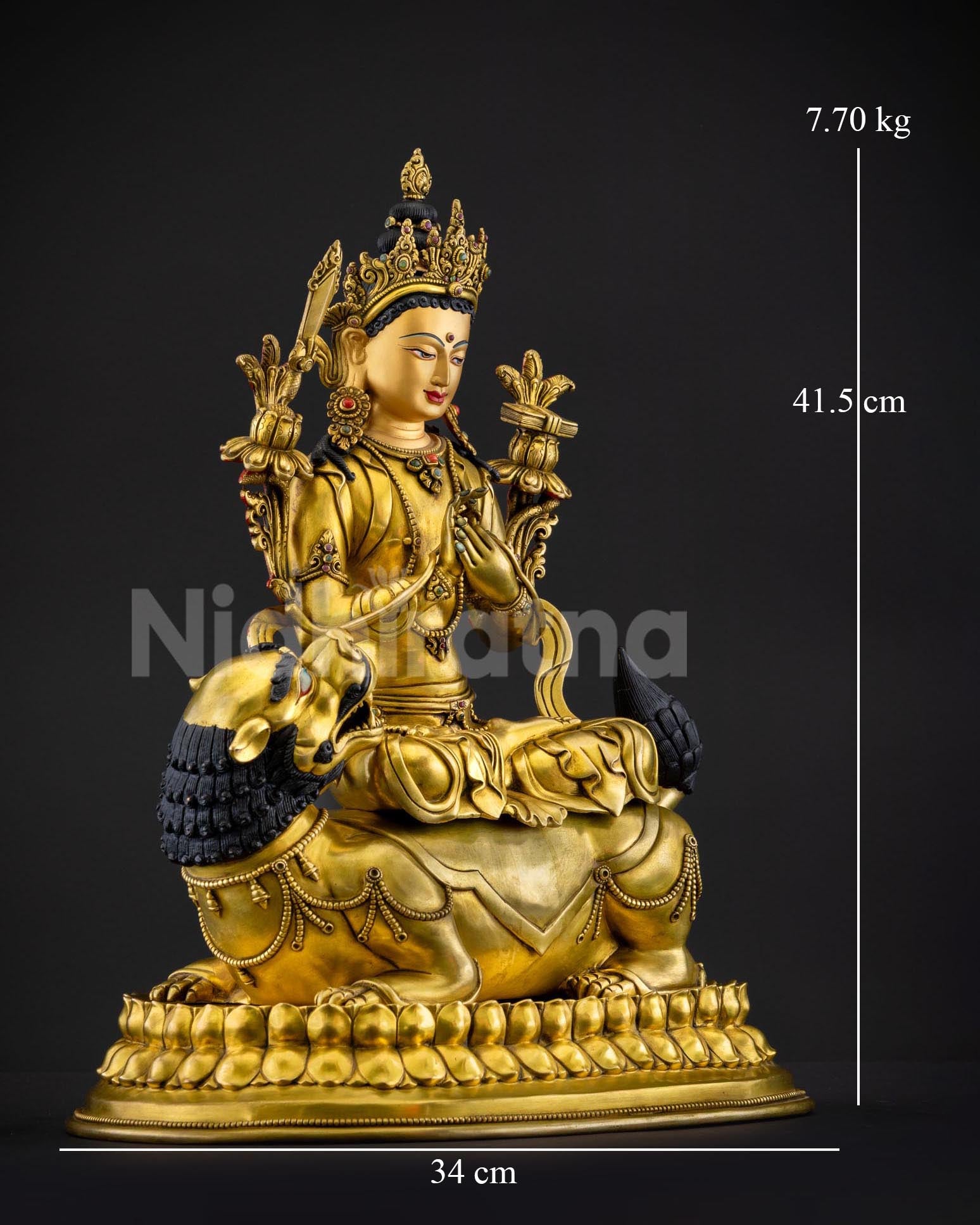 Side view of Simhanada Manjushri Bodhisattva seated on lion highlighting royal ease posture, sacred utpala flower supporting Prajnaparamita Sutra in Himalayan Buddhist sculpture design