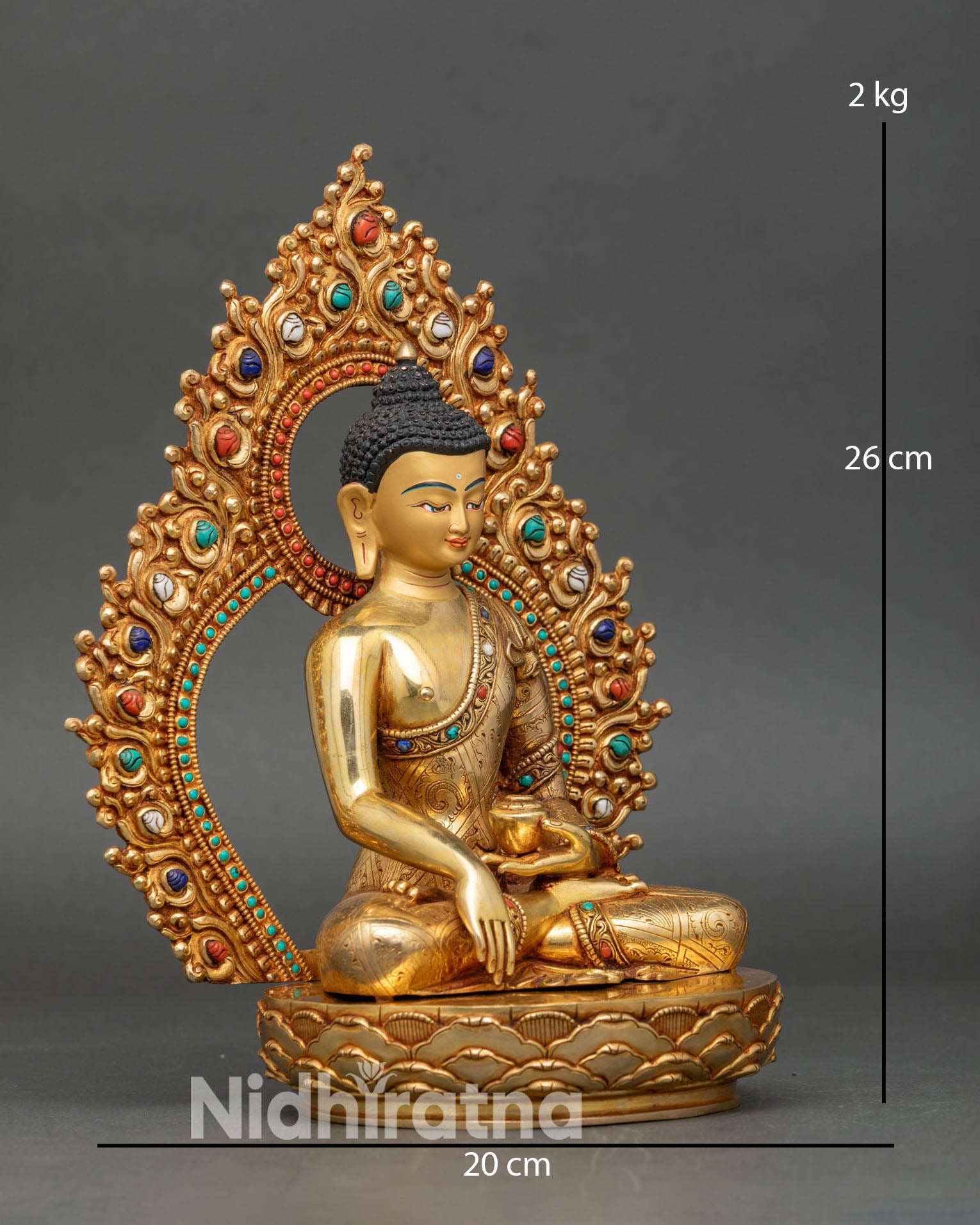 Side view of the Shakyamuni Buddha statue in Bhumisparsha Mudra, crafted from copper with detailed Himalayan artistry.