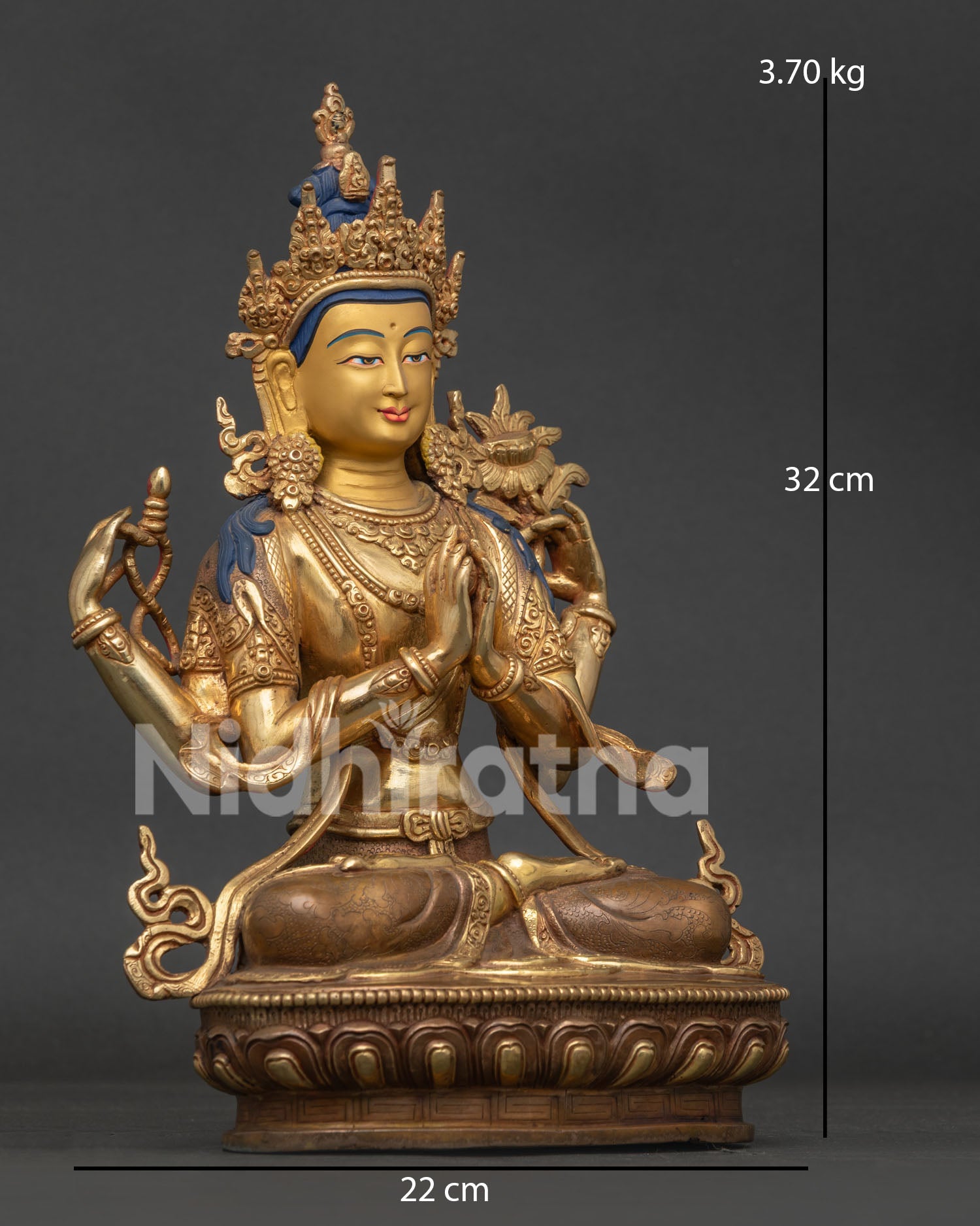 Side View of Tibetan Chenrezig Statue Holding Mala and Utpala Lotus Flower