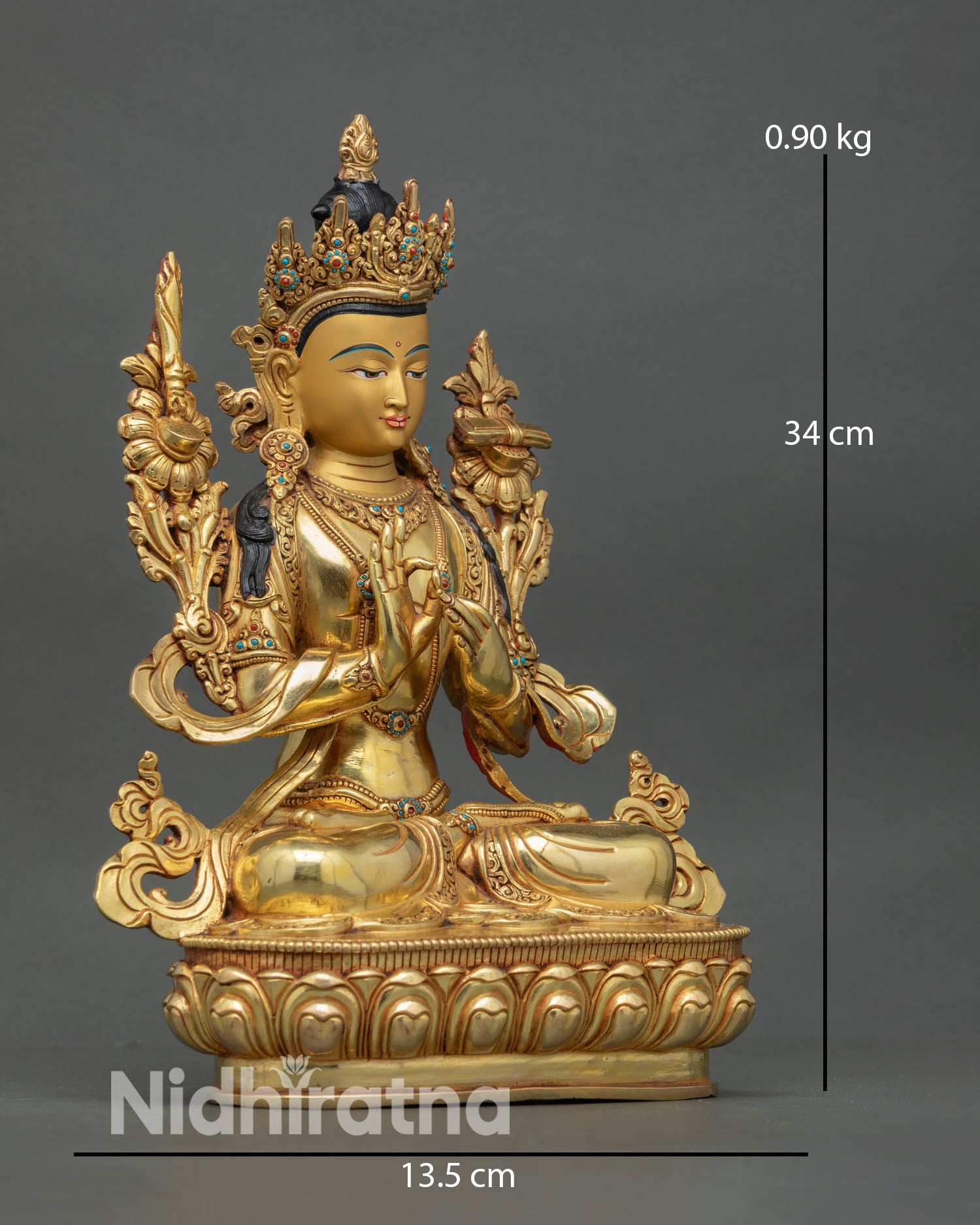 Side view of Tibetan Manjushree Bodhisattva Sculpture with flaming sword and lotus details