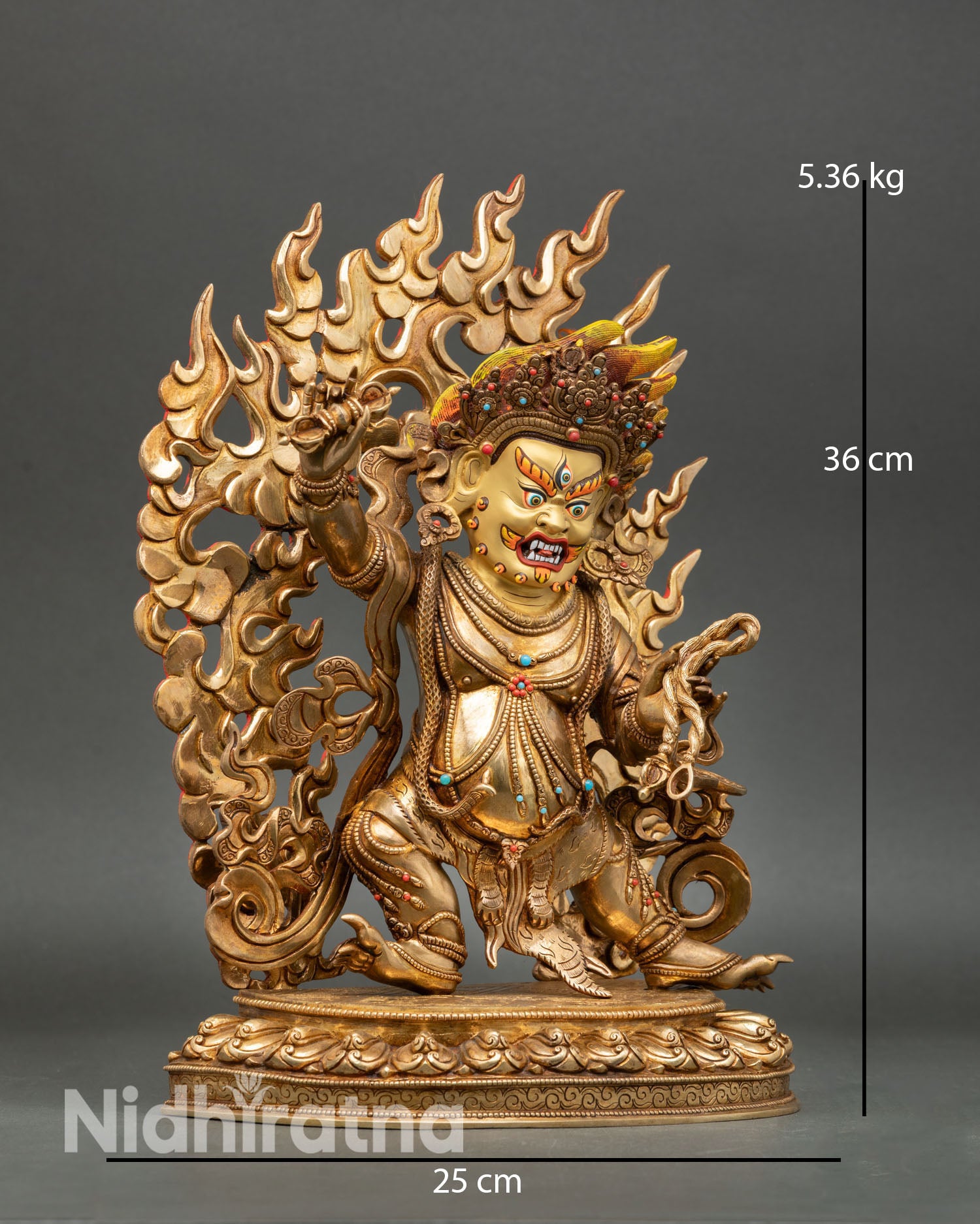 Side view of Vajrapani Buddhist protector statue dynamic wrathful form lost wax copper craftsmanship Himalayan spiritual sculpture