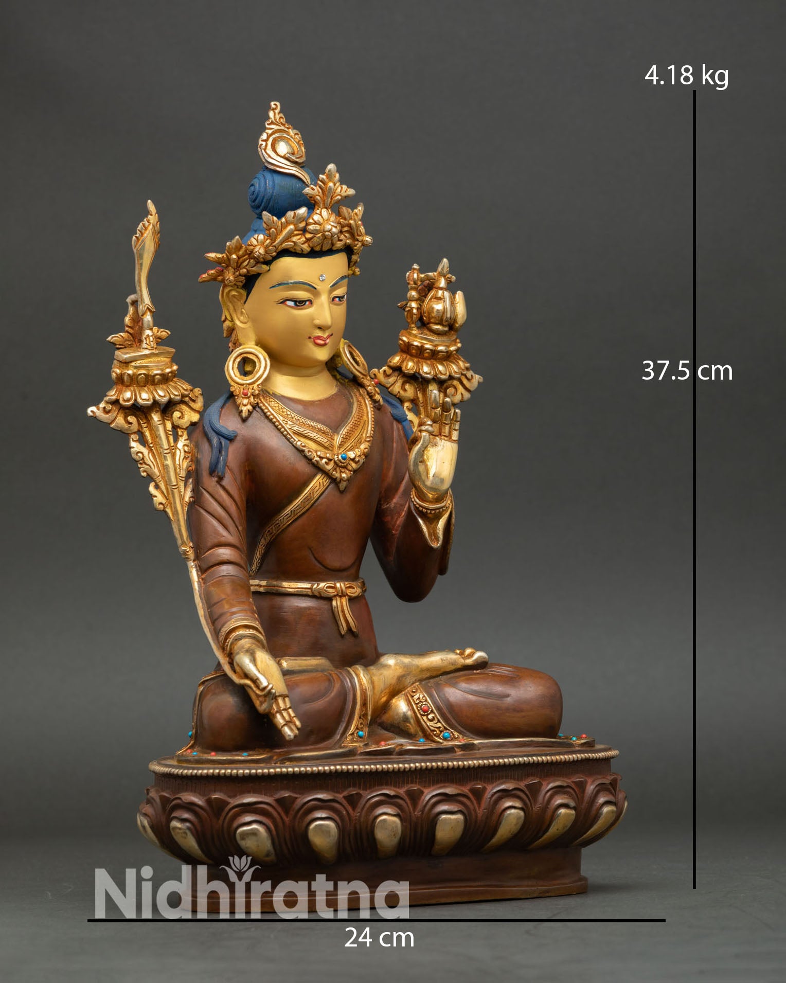 Side view of Yuthok Yonten Gonpo statue holding sacred vase utpala stem wisdom sword and sutra symbolizing spiritual healing enlightened knowledge