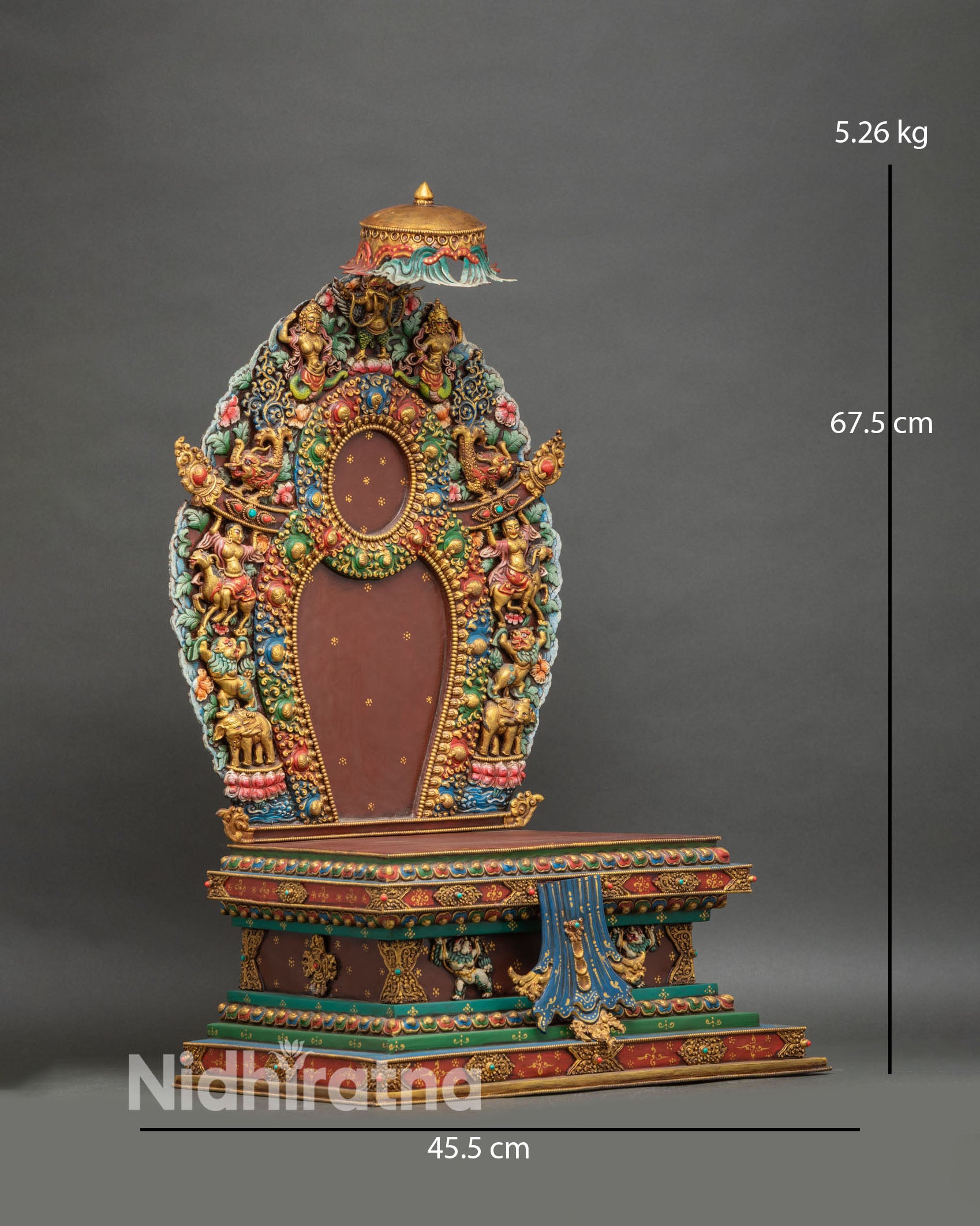 Side view ornate throne stepped tiers Tibetan reliefs precious stone inlays