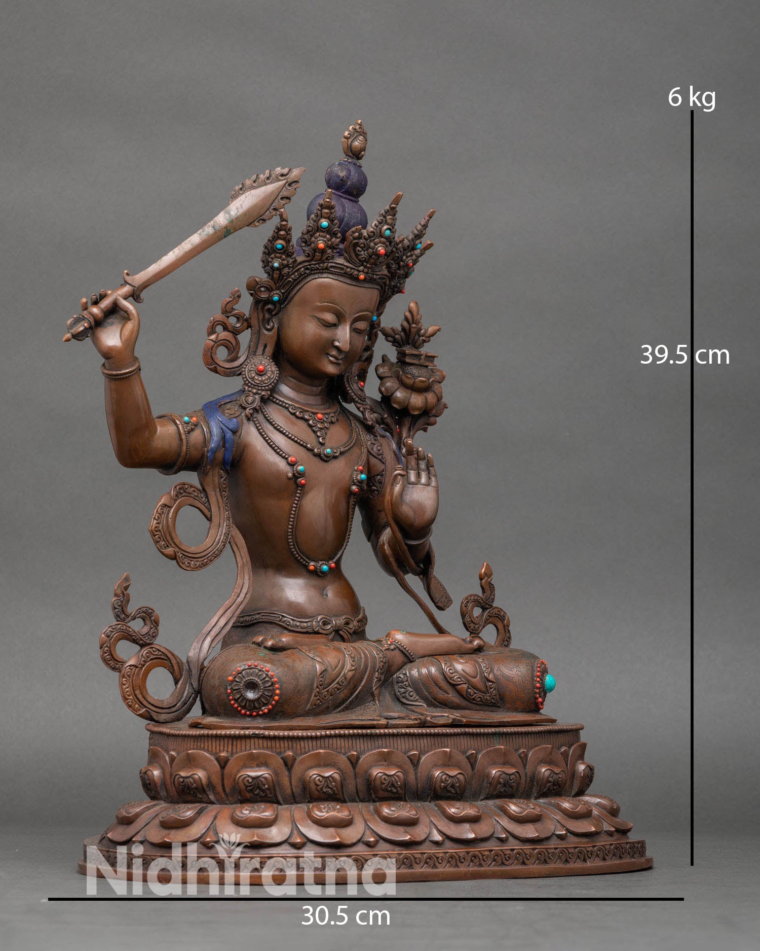 Side view of oxidized Manjushri statue, perfect for home altars, meditation rooms, or study areas.