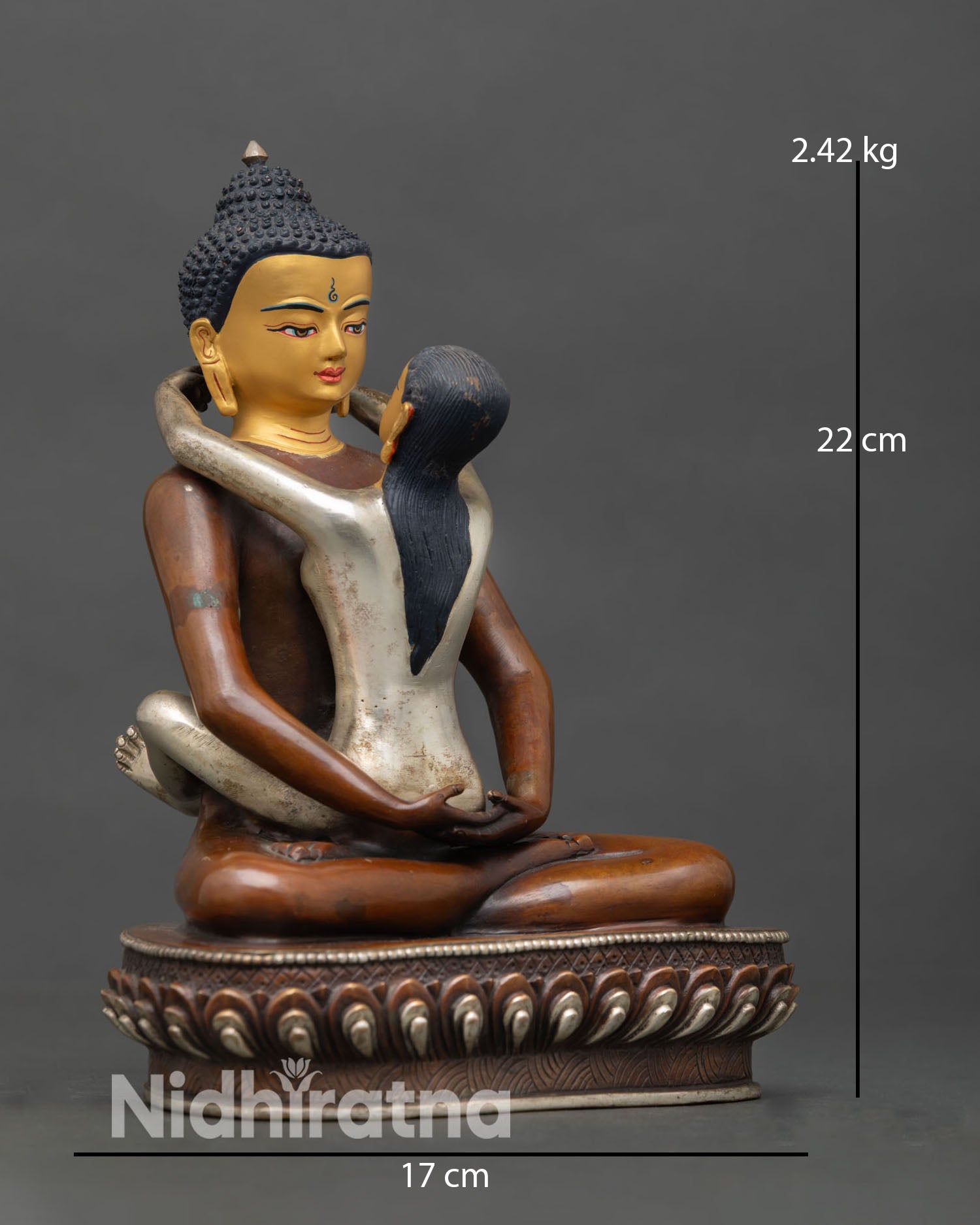 Side view of Samantabhadra with consort handmade copper statue, Patan Nepal lost wax casting