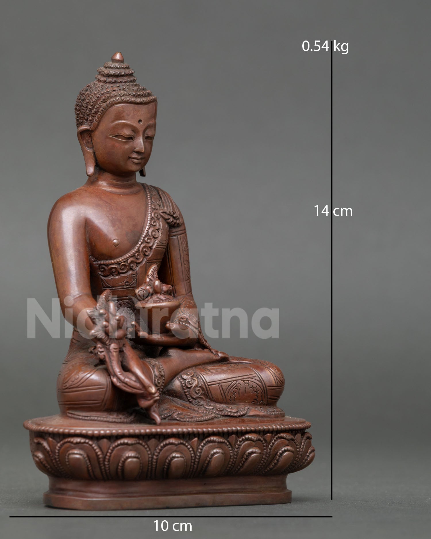 Side view of Medicine Buddha sculpture, extended right hand healing blessing gesture Himalayan Buddhist sacred altar statue