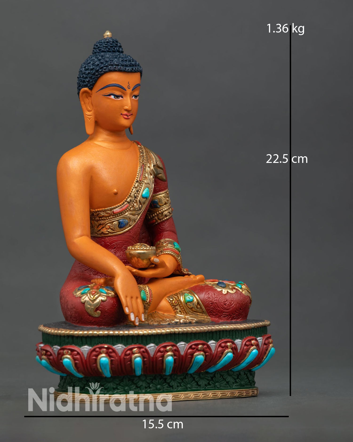 Side view Shakyamuni Buddha Bhumisparsha mudra copper statue begging bowl symbolic renunciation Tibetan Buddhist spiritual decor Nepal