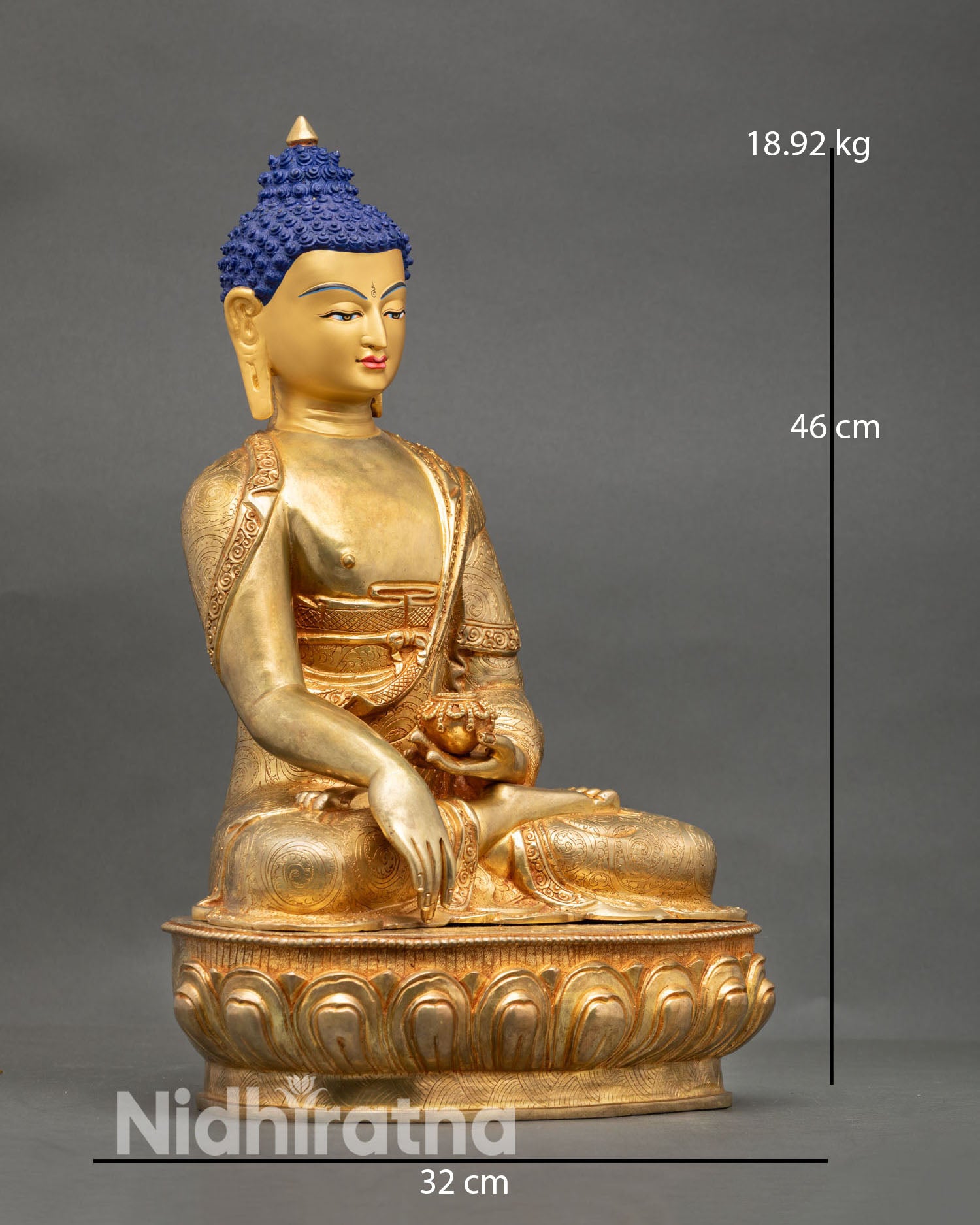 Side view Shakyamuni Buddha in earth touching mudra holding patra bowl Nepal handcrafted copper statue for Buddhist meditation