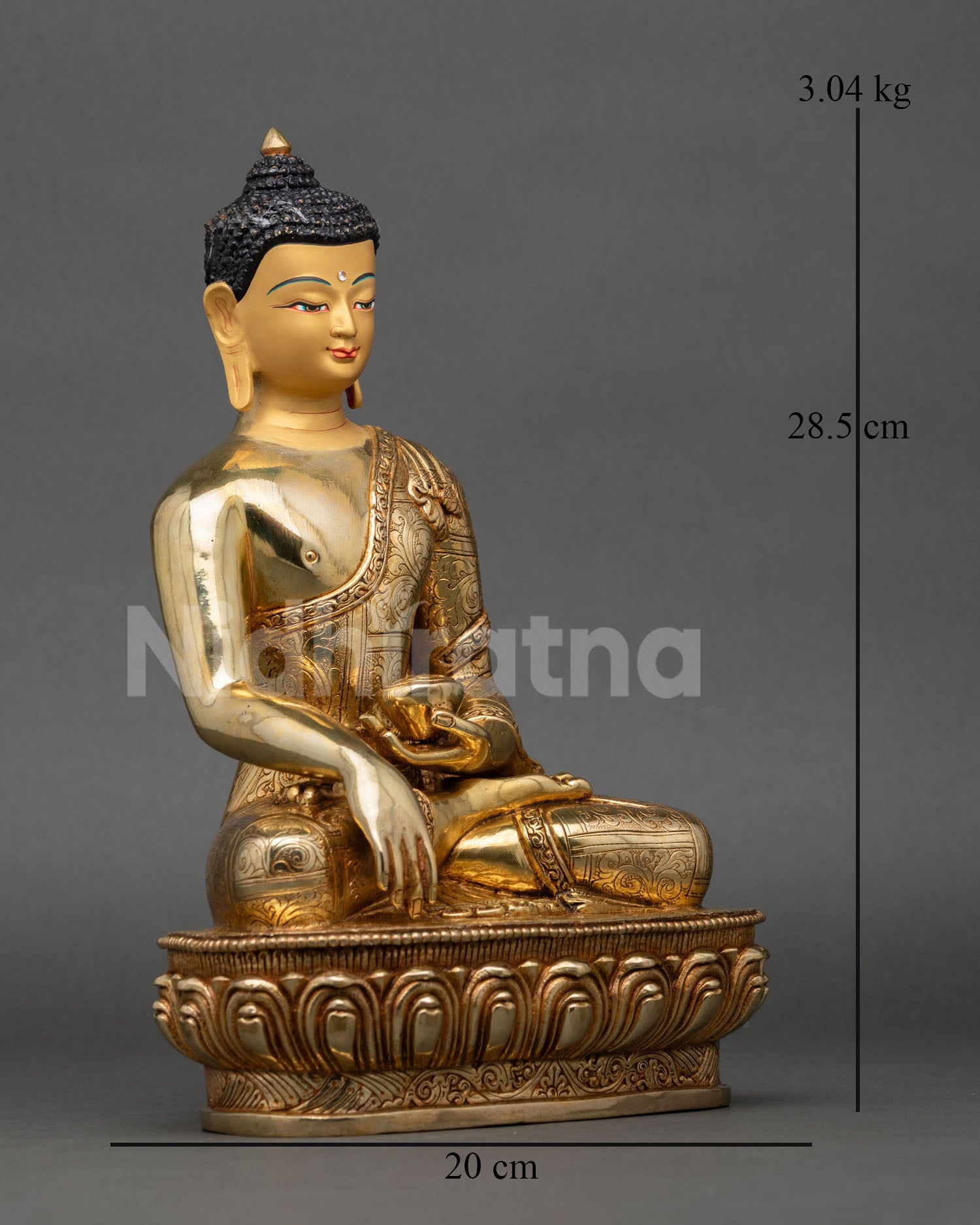 Side view of Shakyamuni Buddha statue, copper body, gold gilded finish, Nepalese Newari craftsmanship