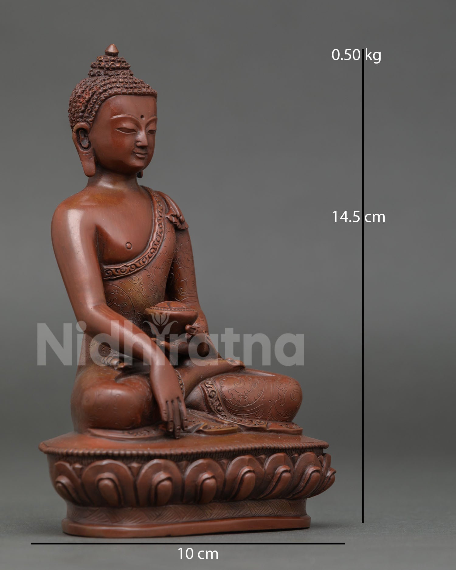 Side view of Shakyamuni Buddha sculpture, lotus throne Earth touching mudra Buddhist altar statue Nepal handcrafted spiritual decor