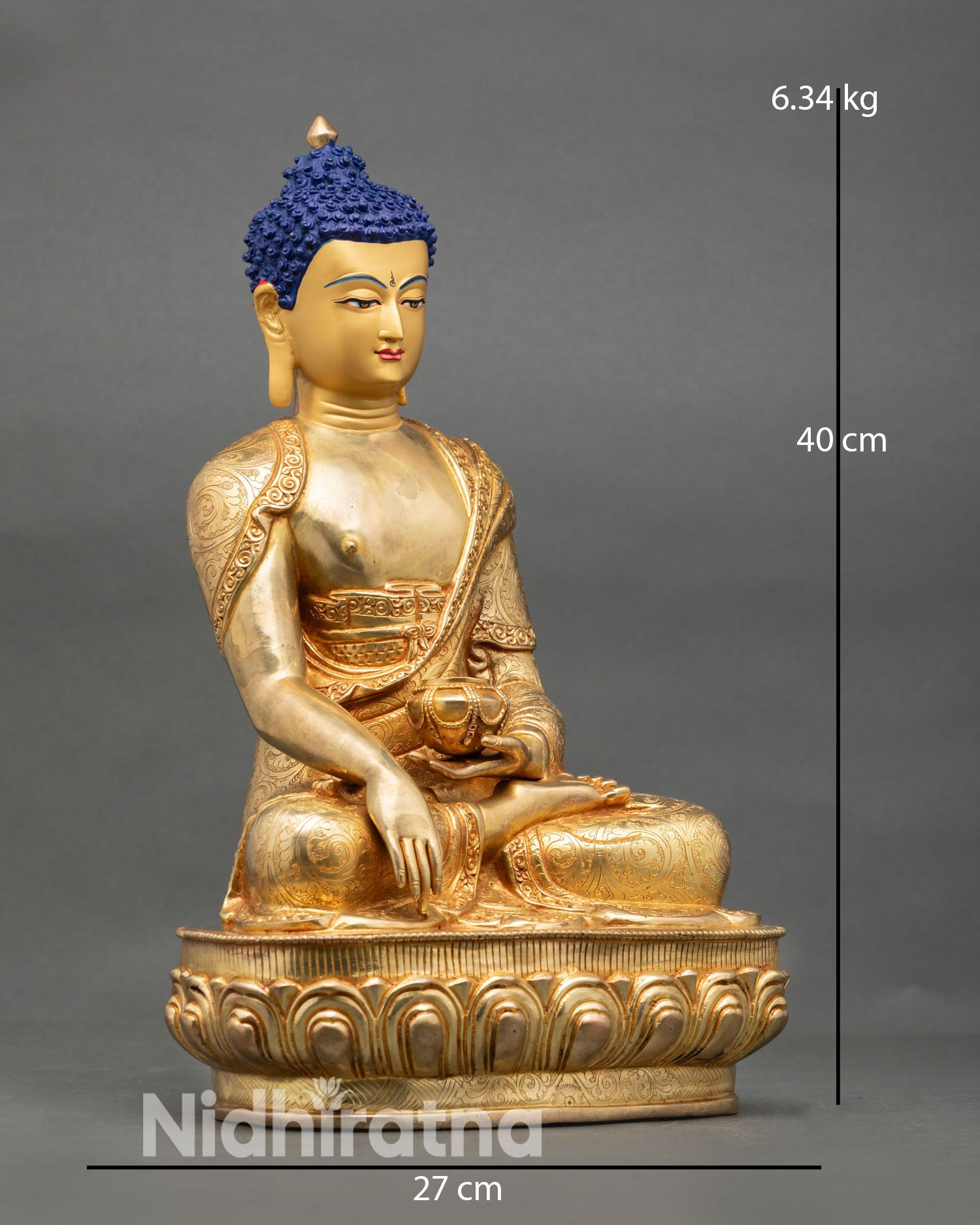 Side view of Shakyamuni Buddha seated in meditation posture lost wax copper statue Nepal for altar and meditation space