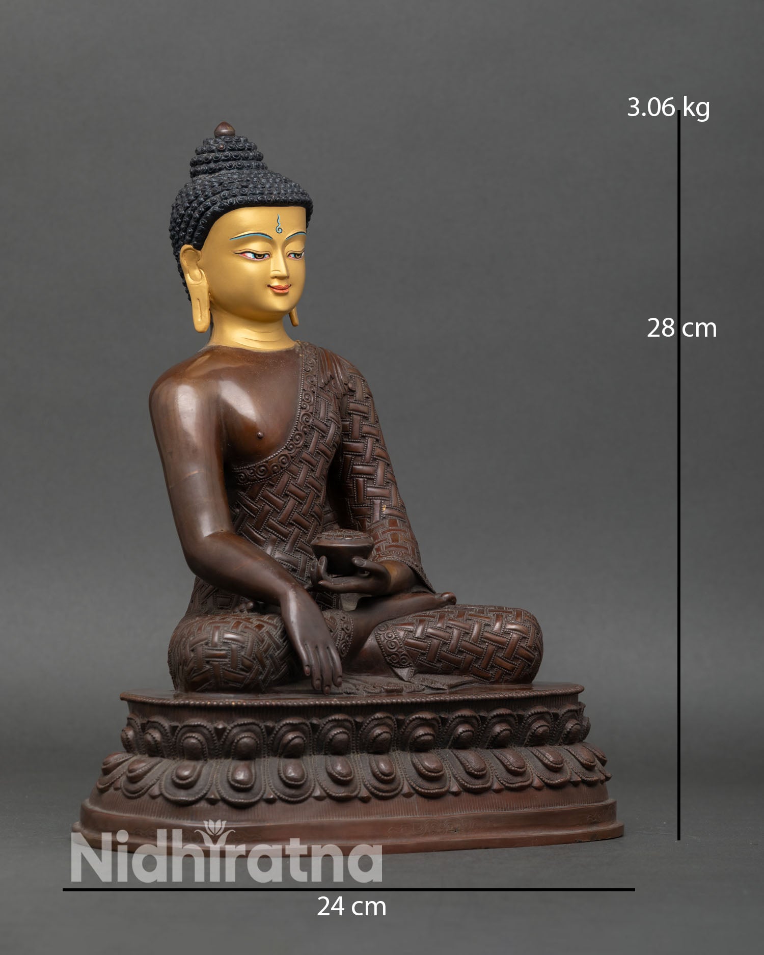 Side view Shakyamuni Buddha seated lotus throne holding patra bowl bhumisparsha mudra copper Buddhist enlightenment sculpture
