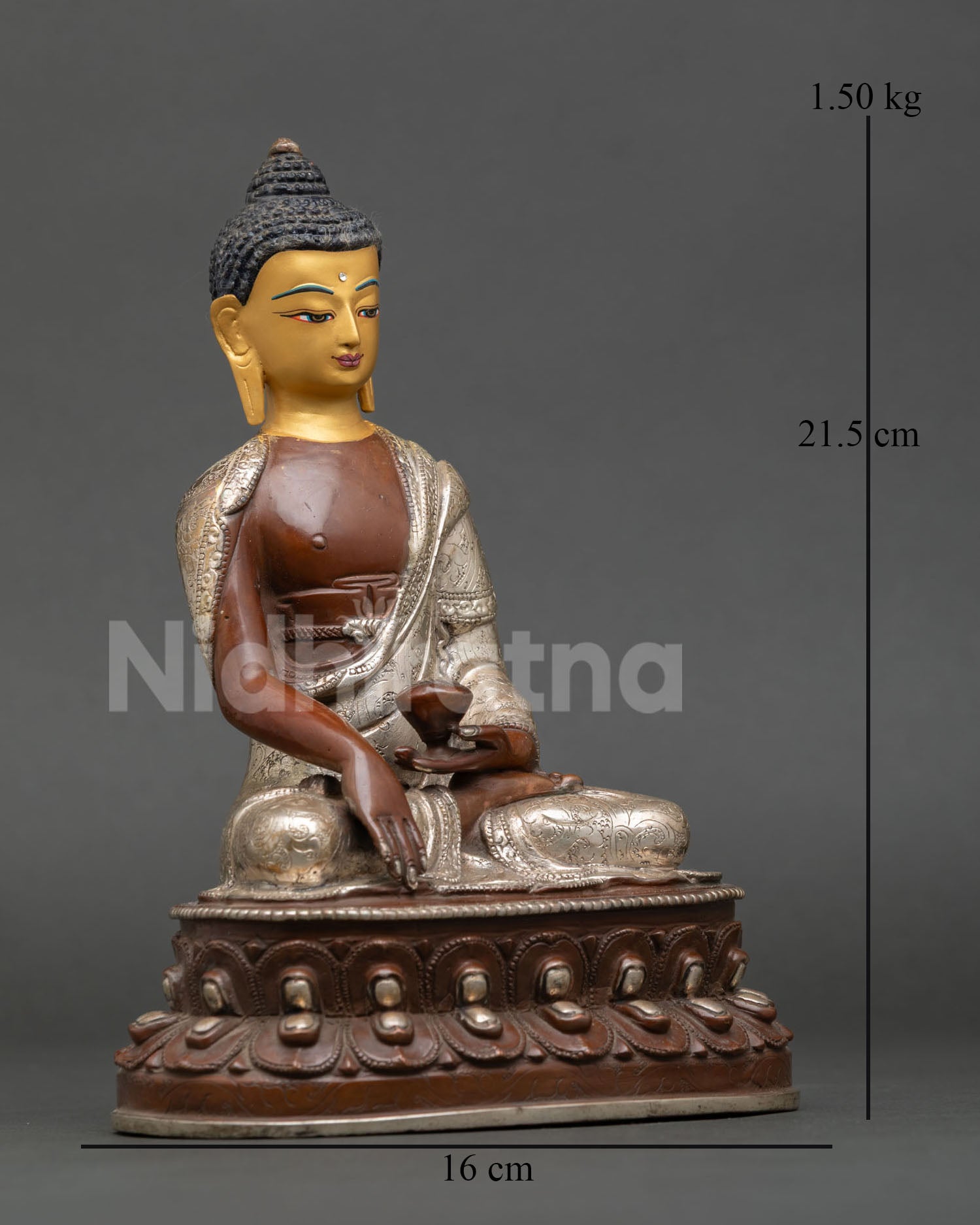 Side view of Shakyamuni Buddha seated meditation posture double lotus pedestal flowing monastic robes handmade copper statue from Nepal