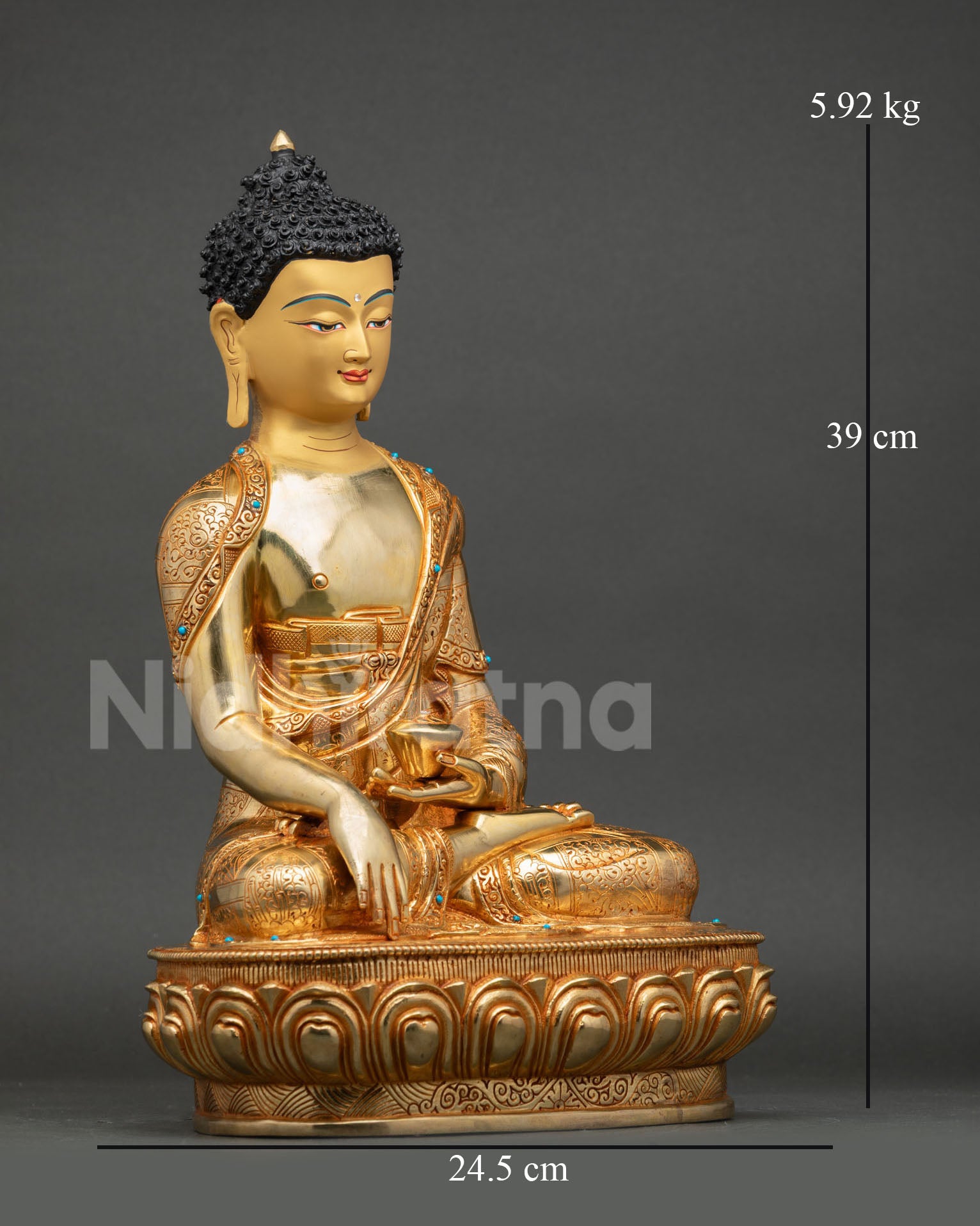 Side view of Shakyamuni Buddha seated meditation posture, earth touching mudra, holding begging bowl, sacred Buddhist altar decor Nepal