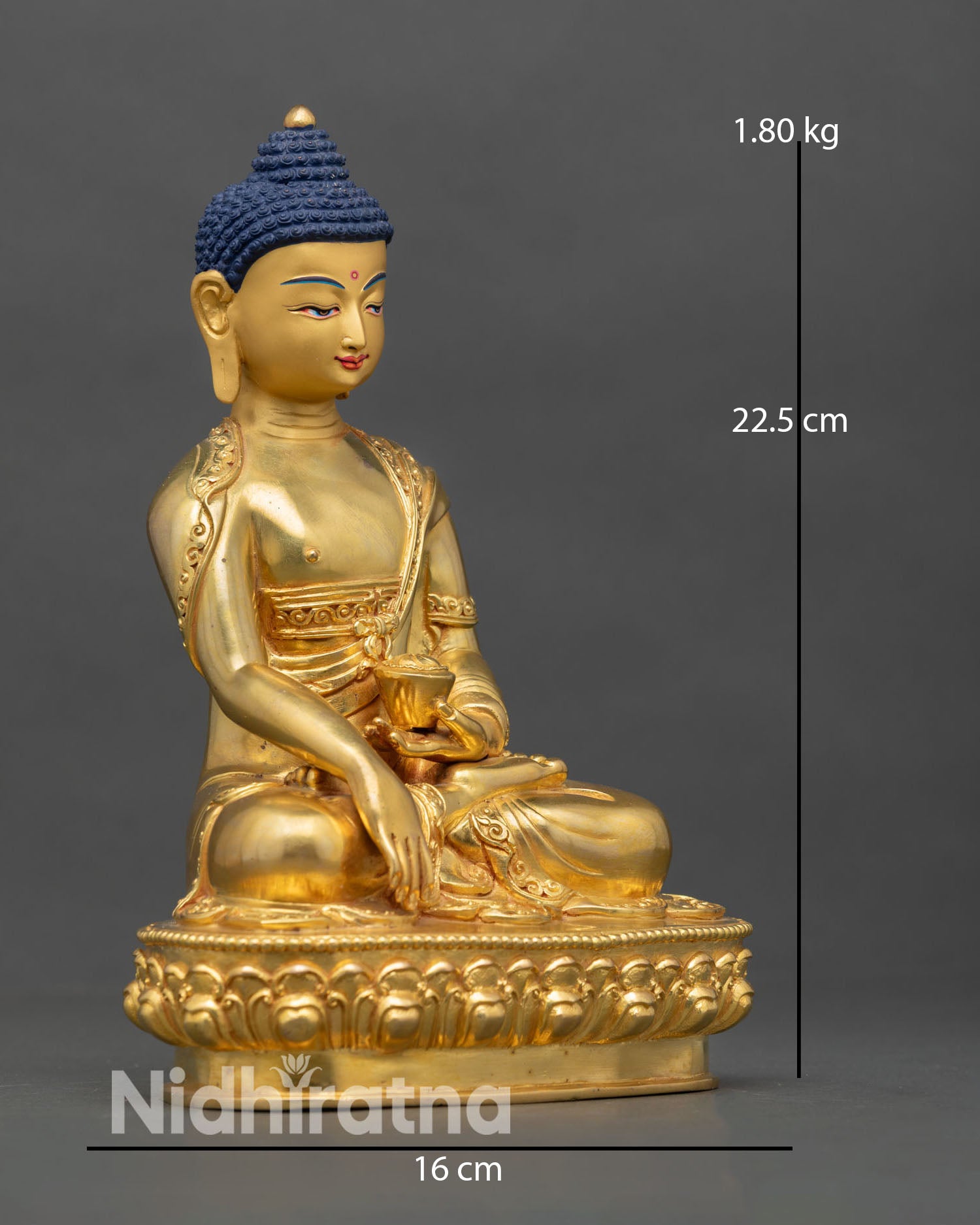 Side view of Shakyamuni Buddha statue bhumisparsha mudra holding patra bowl oxidized copper meditation altar spiritual decor