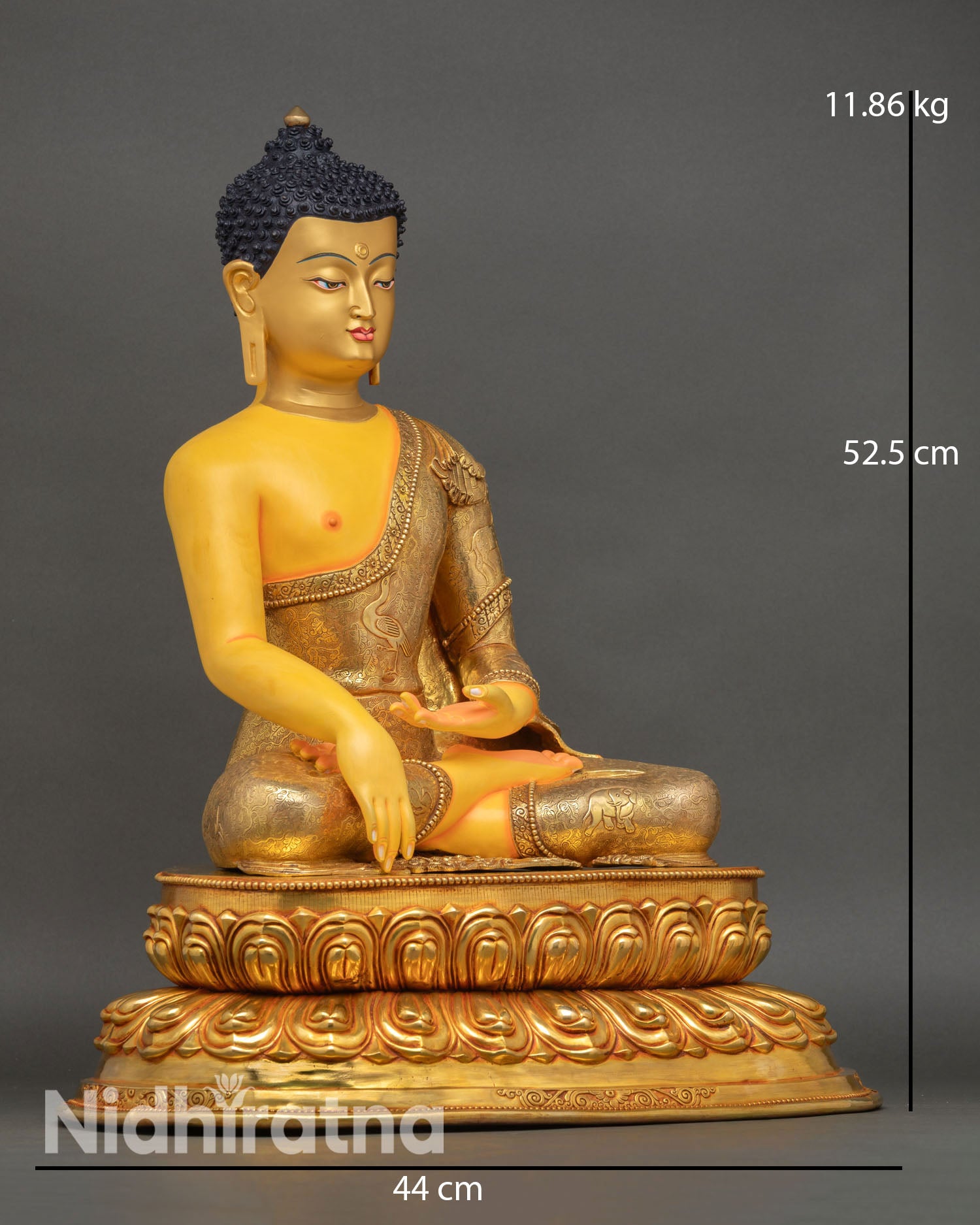 Side view of Shakyamuni Buddha statue Bhumisparsha mudra lotus throne gold gilded accents