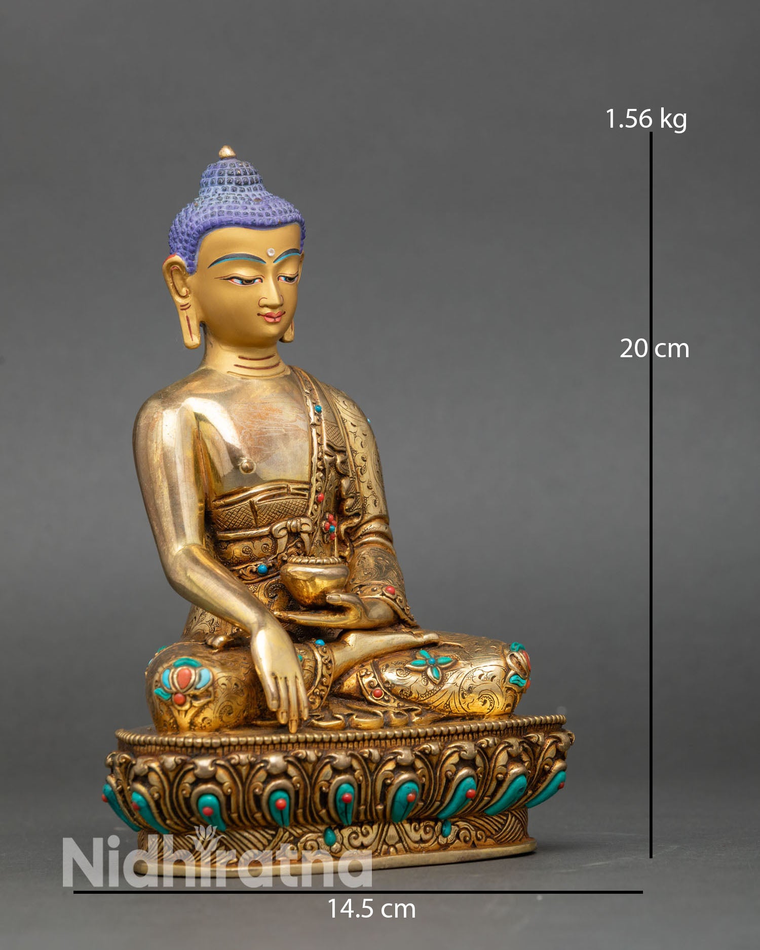 Side view of Shakyamuni Buddha statue lotus pedestal hand-set stones meditation decor