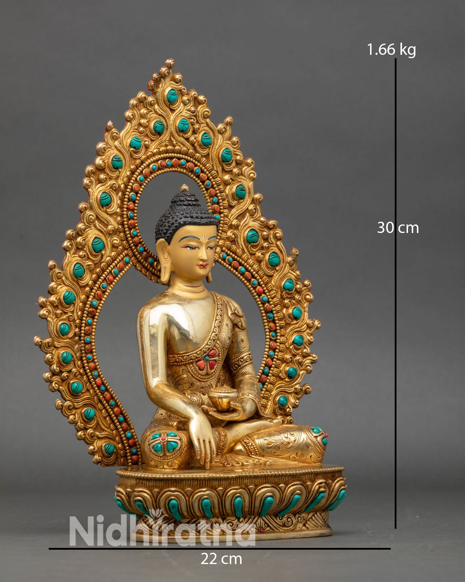 Side view Shakyamuni Buddha statue lotus pedestal sacred Himalayan art copper