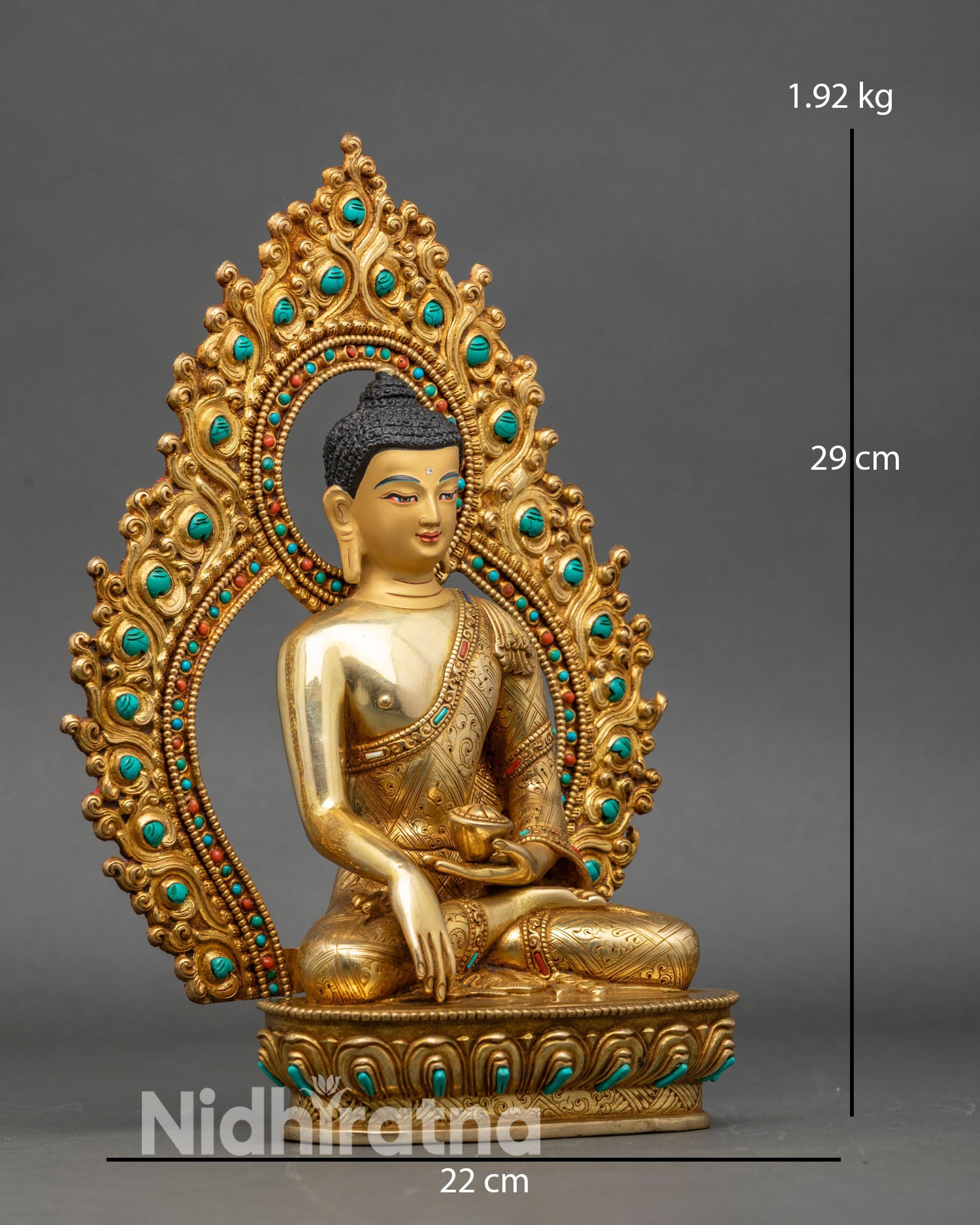 Side view Shakyamuni Buddha statue lotus pedestal turquoise inlay halo details