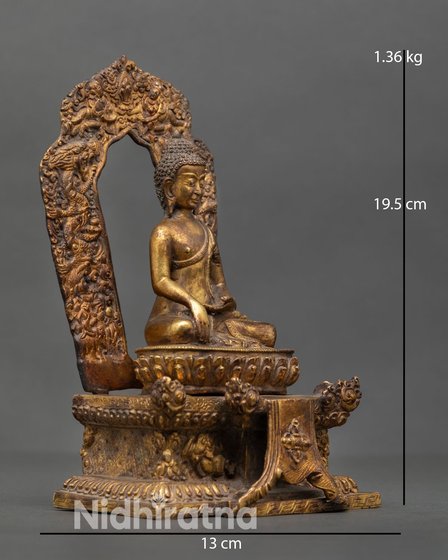 Side view of Shakyamuni Buddha statue, ornate pedestal lotus throne, intricate halo scrolling lotus vines, mythical creatures, Himalayan Buddhist sculpture