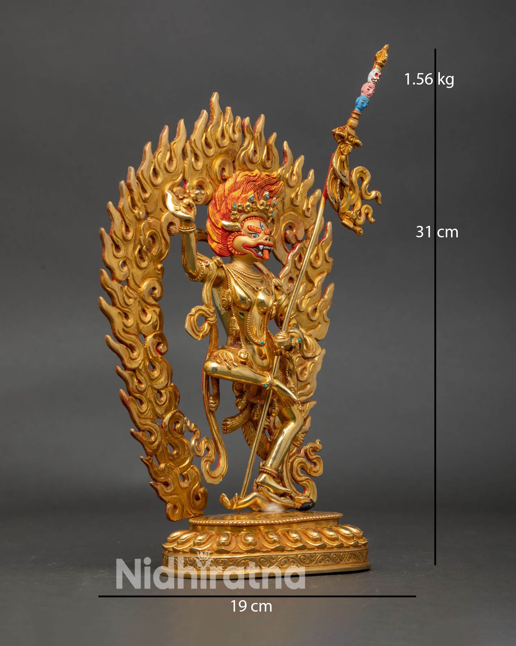 Side view Simha Mukha lotus base khatvanga staff handcrafted Nepal statue