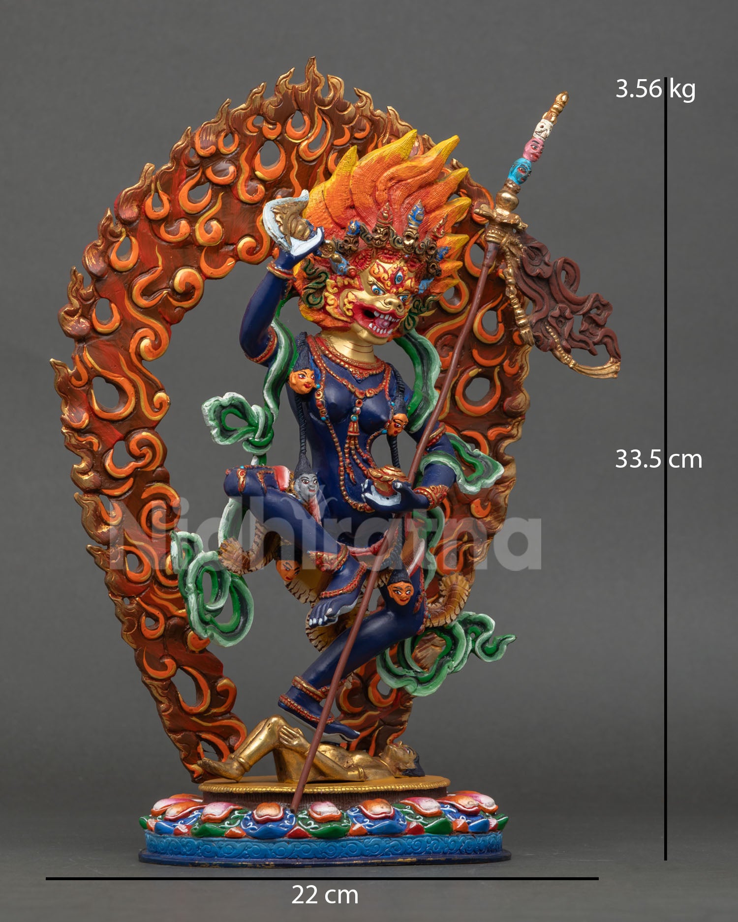 Side View of Simhamukha Vajrayana Protector Holding Kartika Knife, Kapala and Trident
