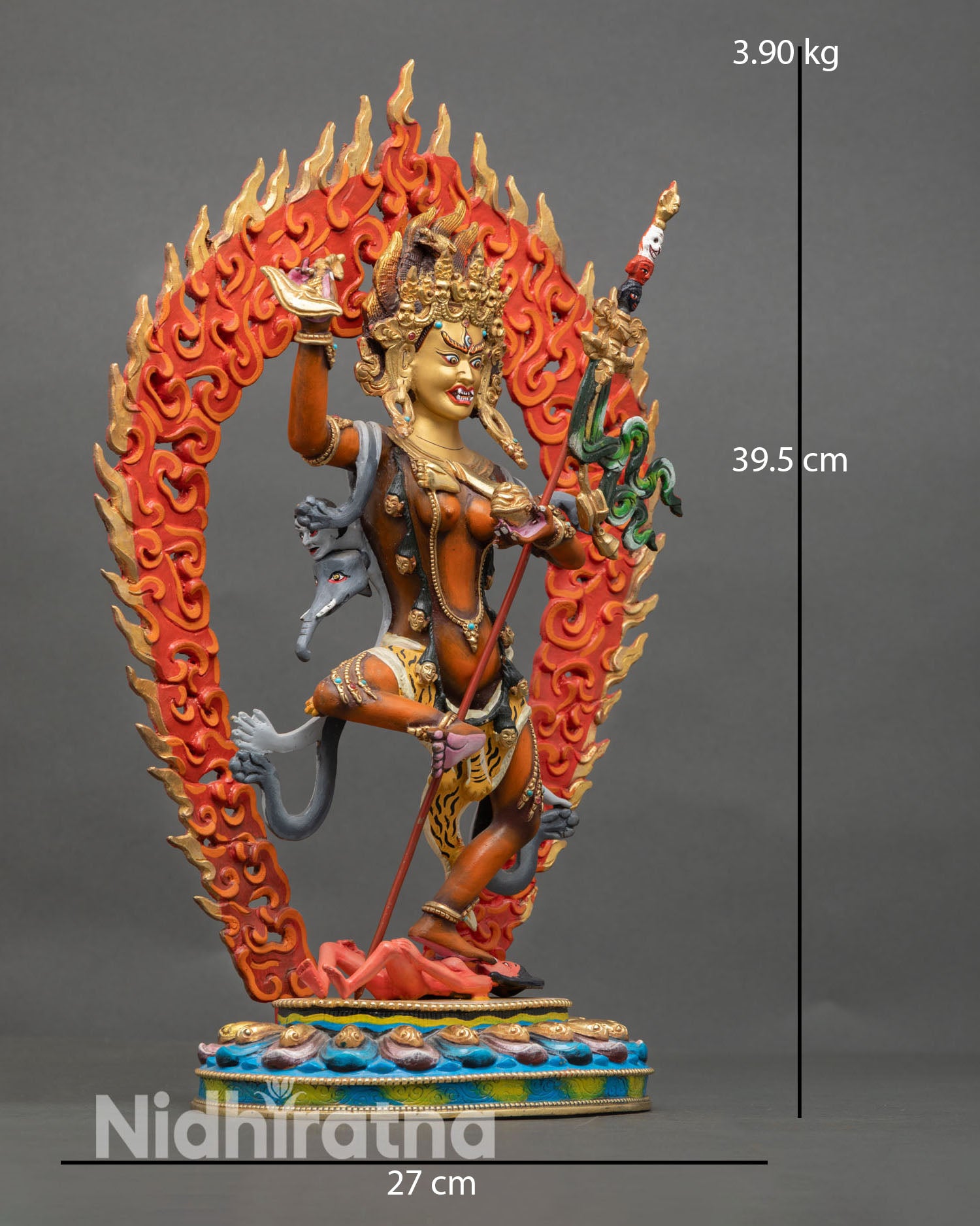 Side view Troma Nangmo holding kartika knife skull cup lotus throne Nepal copper wrathful goddess Chöd ritual statue