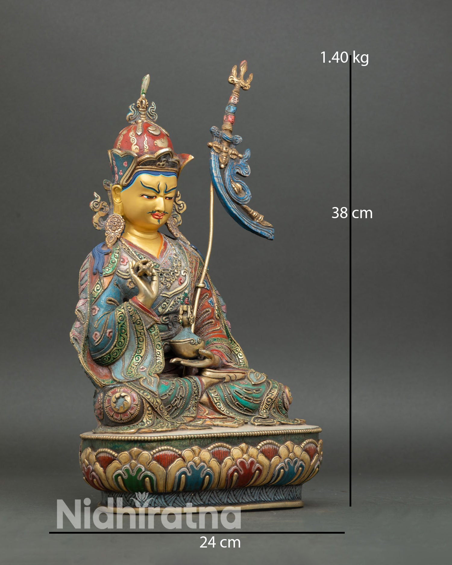 Side view of Tsokye Dorje statue lotus throne lost wax copper acrylic color Himalayan Buddhist craftsmanship