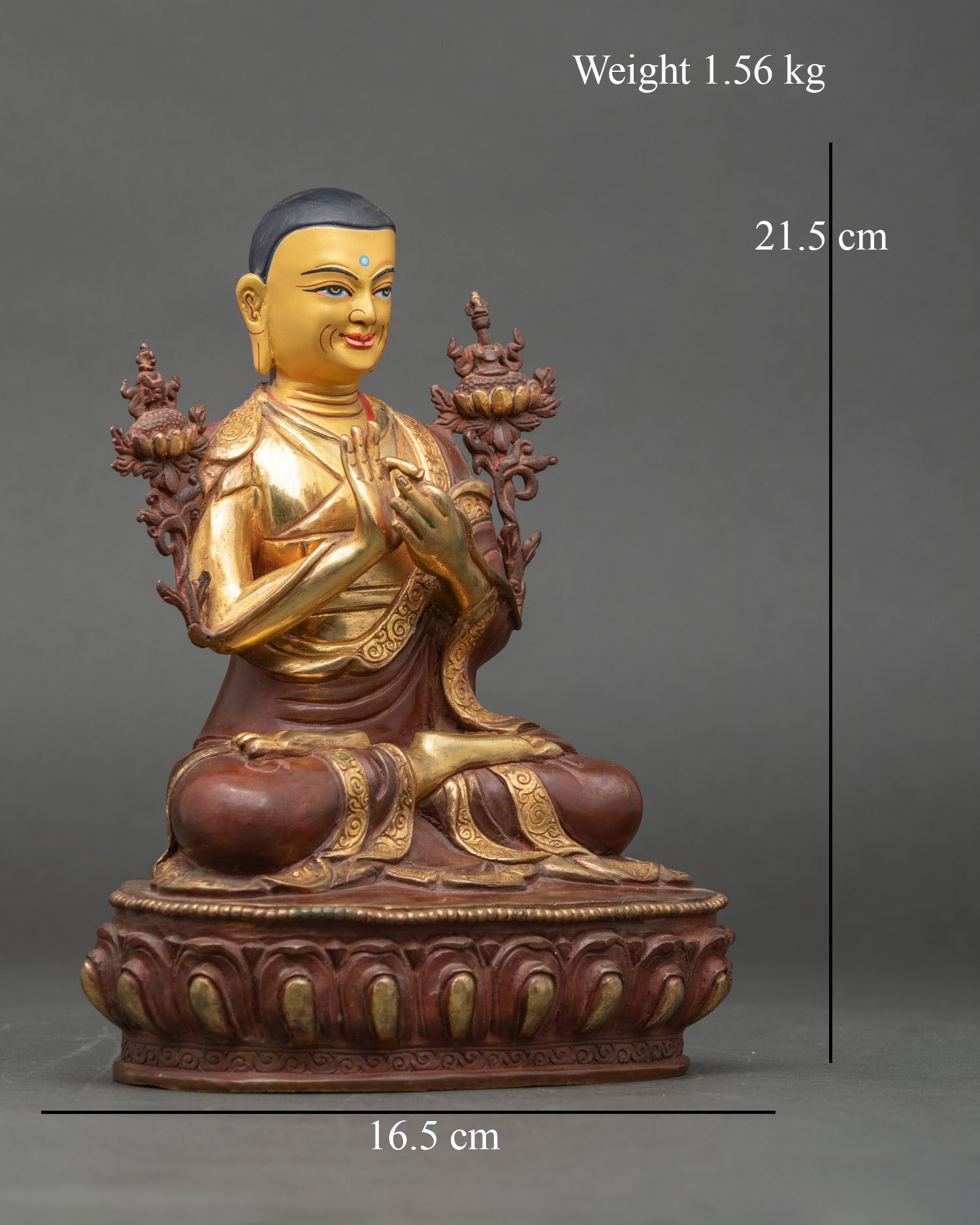 Side view Tsongkhapa statue lotus seat vajra bell copper sculpture