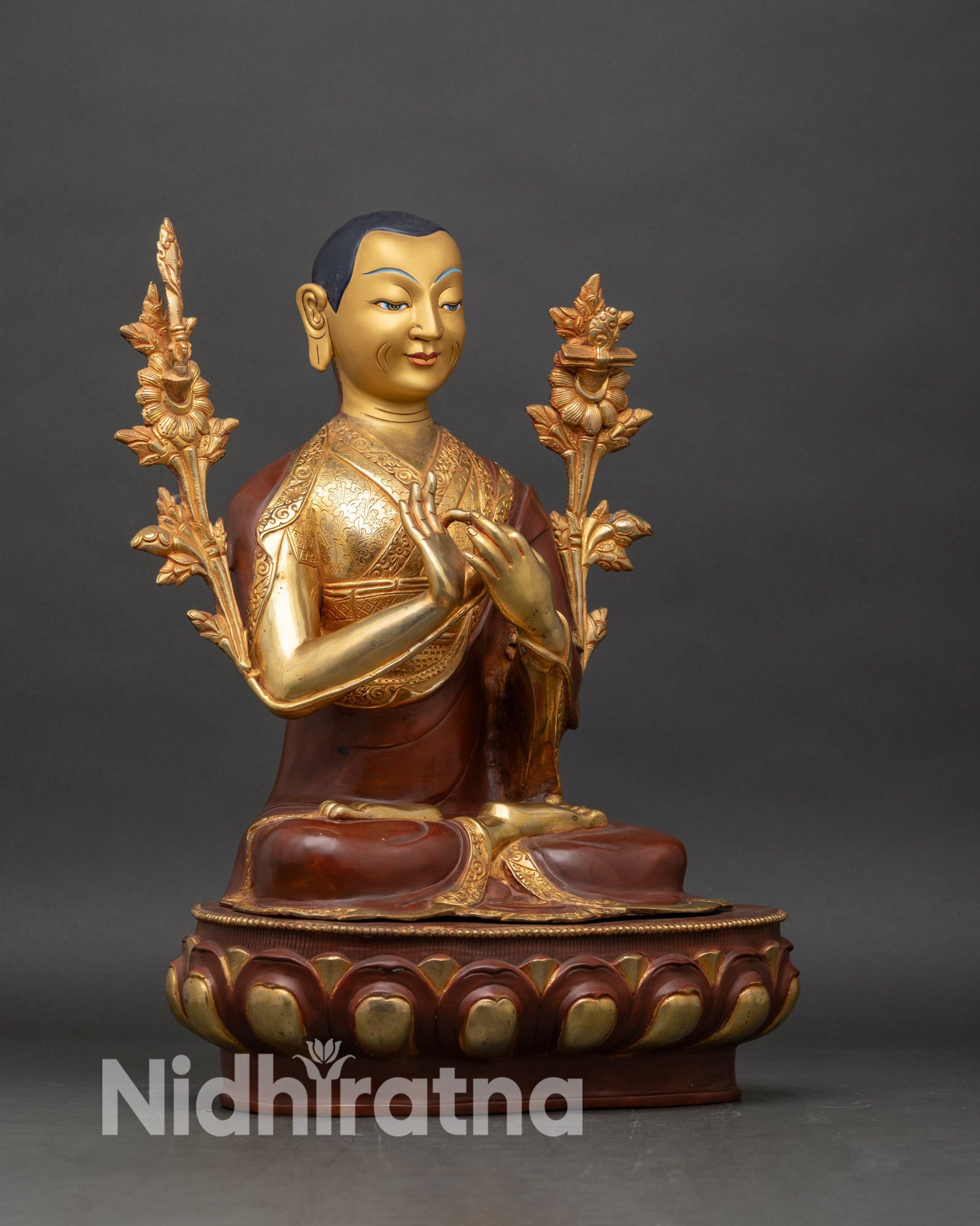 Side view of Tsongkhapa with disciples statue set Gyaltsab Je and Khedrup Je copper sculpture gold gilded finish Buddhist meditation altar decor