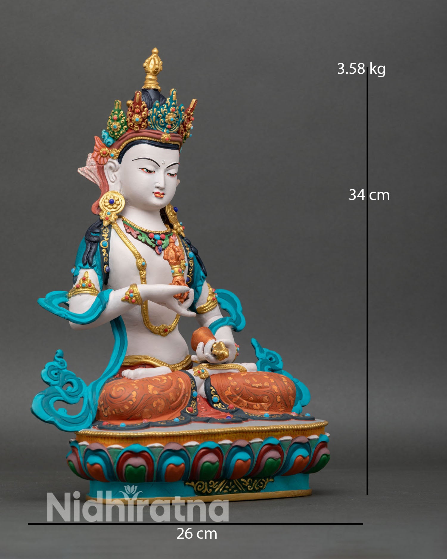 Side view Vajrasattva holding vajra and bell vase symbolizing purification of karma Nepalese Buddhist sacred art statue