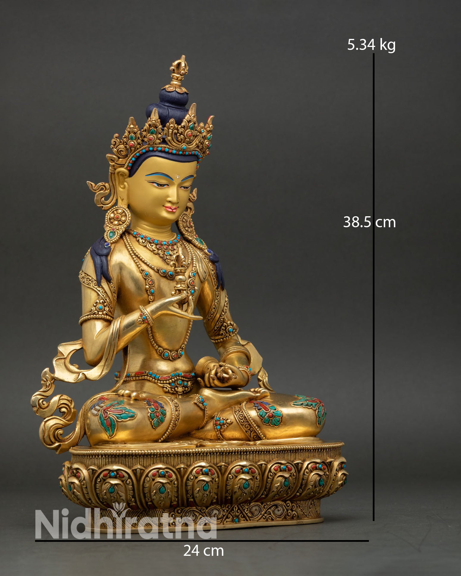Side view of Vajrasattva, Nepal, handmade copper statue depicting sacred posture