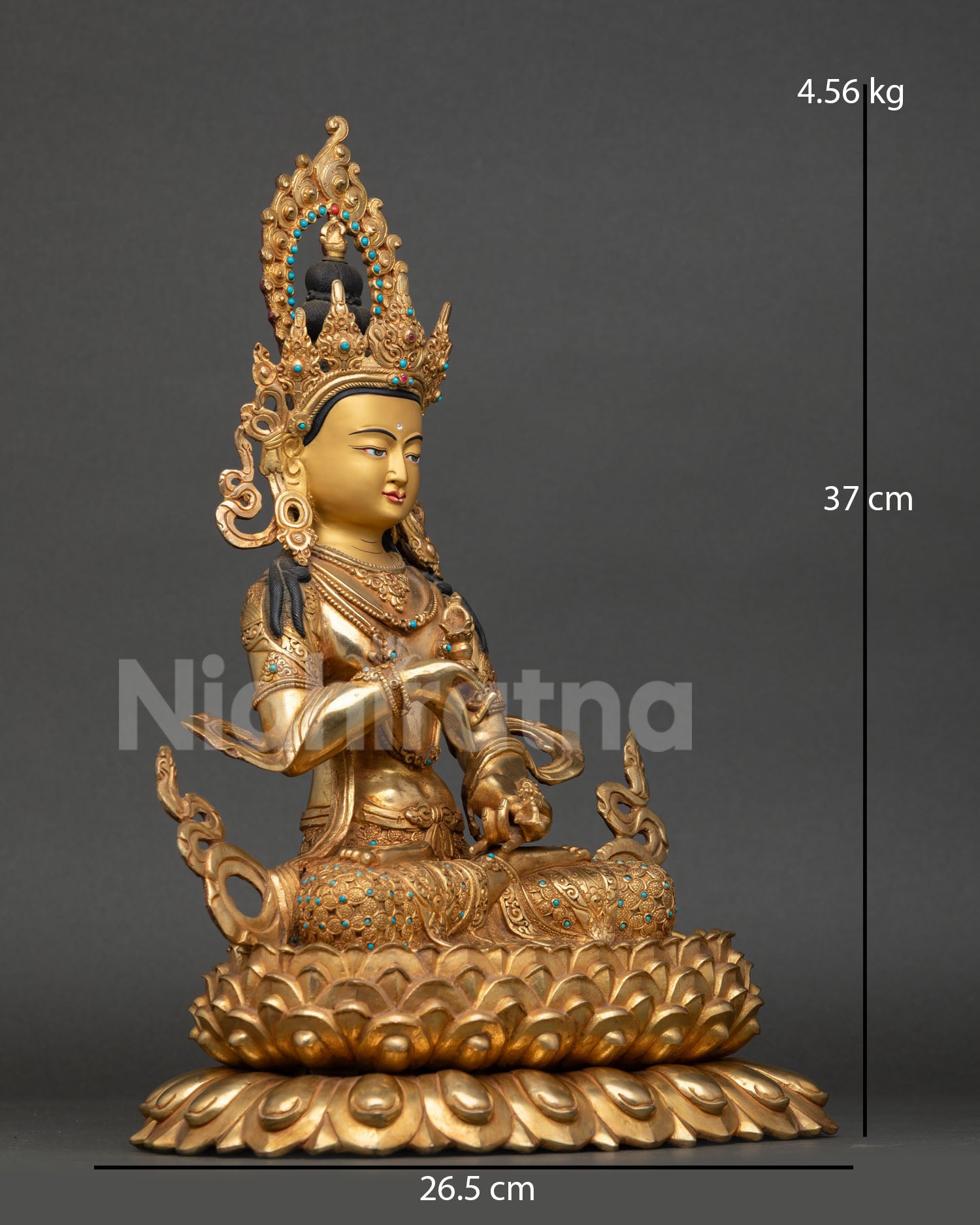 Side view of Vajrasattva statue fire gilded copper body lotus throne intricate carving Tibetan Buddhist art spiritual purification and altar decor