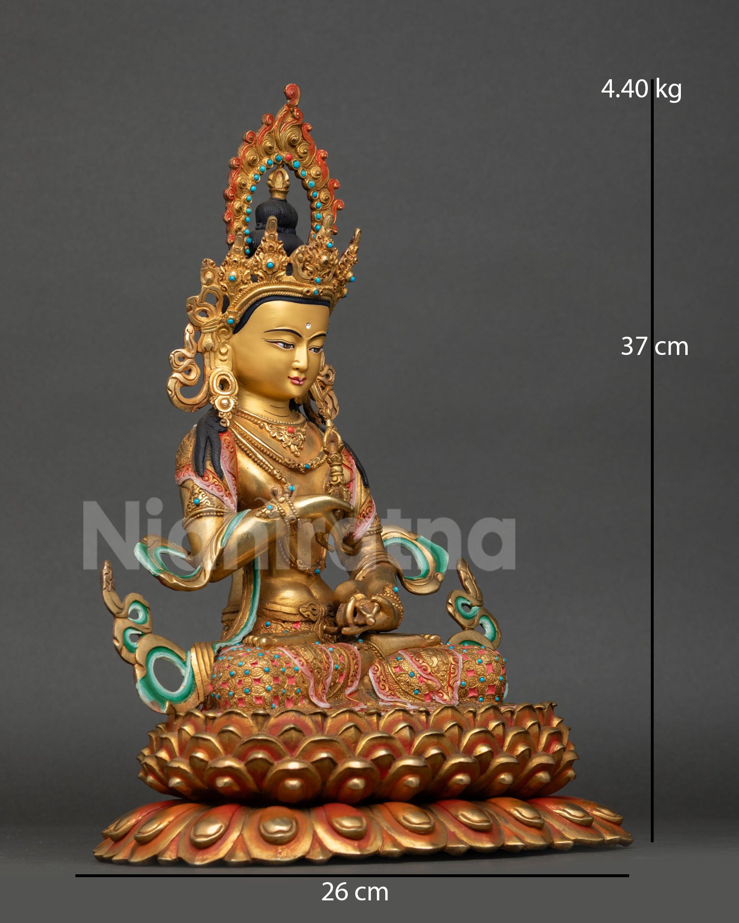 Side view of Vajrasattva statue luminous halo blooming lotus seat intricate Himalayan Buddhist art copper gold sculpture spiritual cleansing and inner peace decor